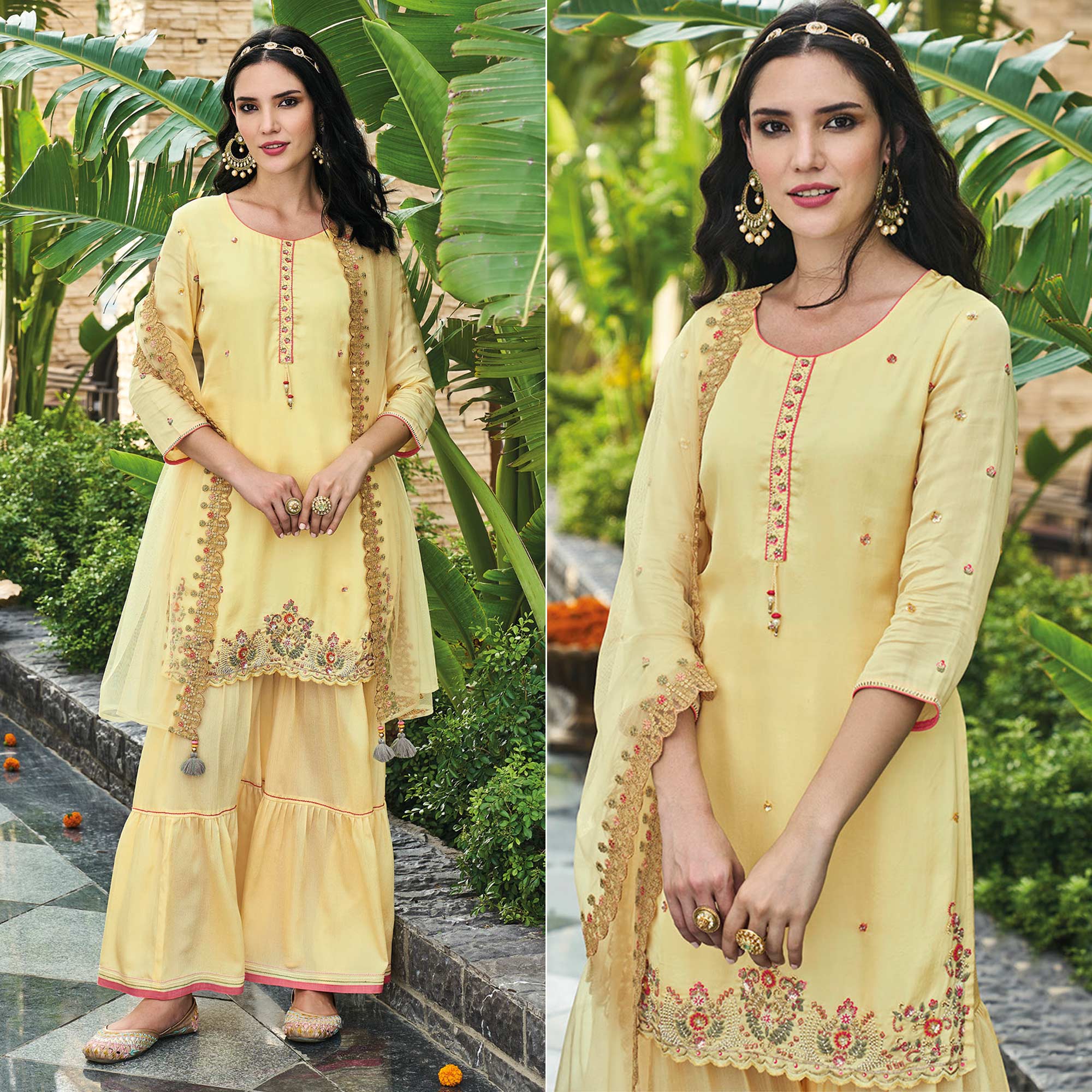 Yellow Embroidered Chinon Sharara Suit