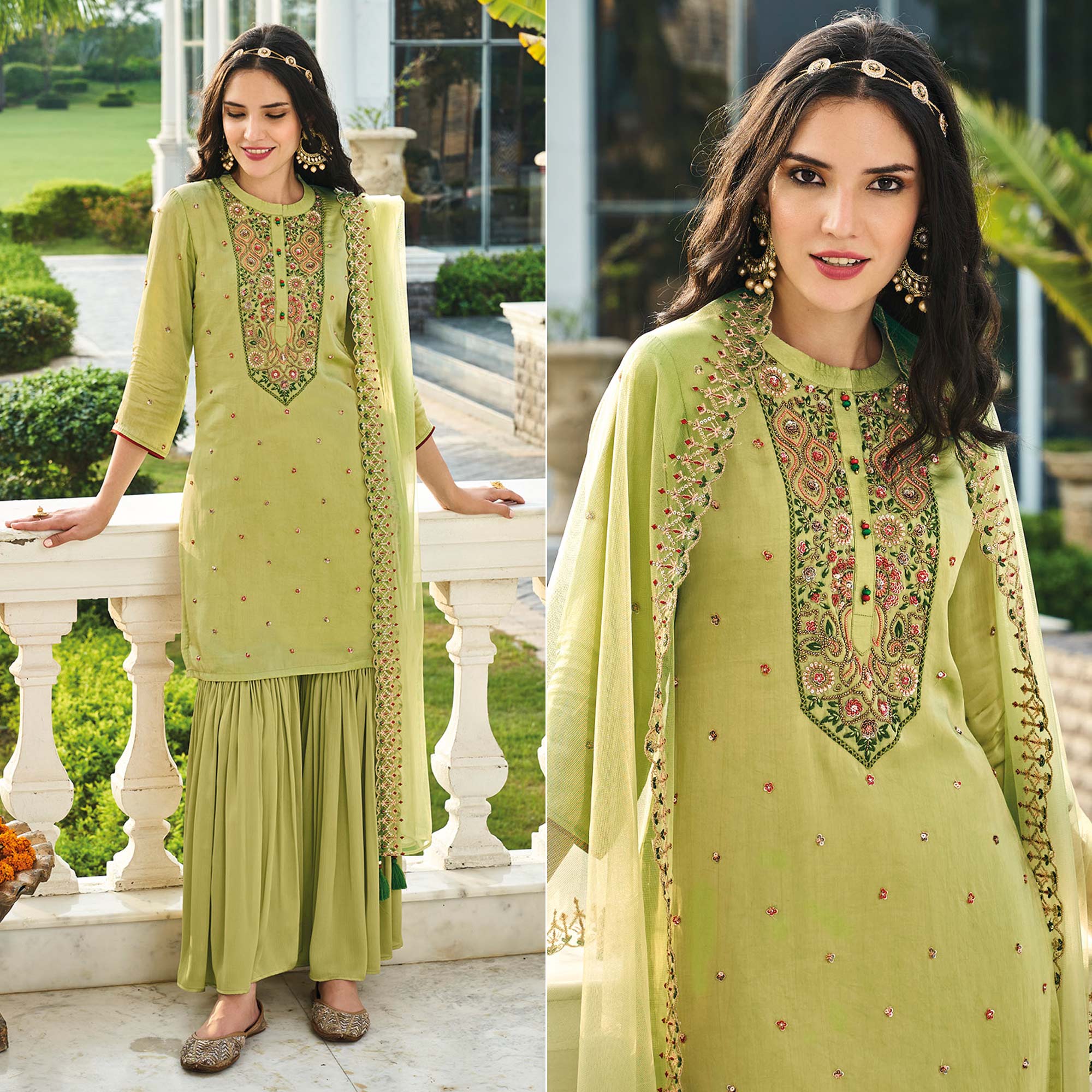 Green Embroidered Chinon Sharara Suit