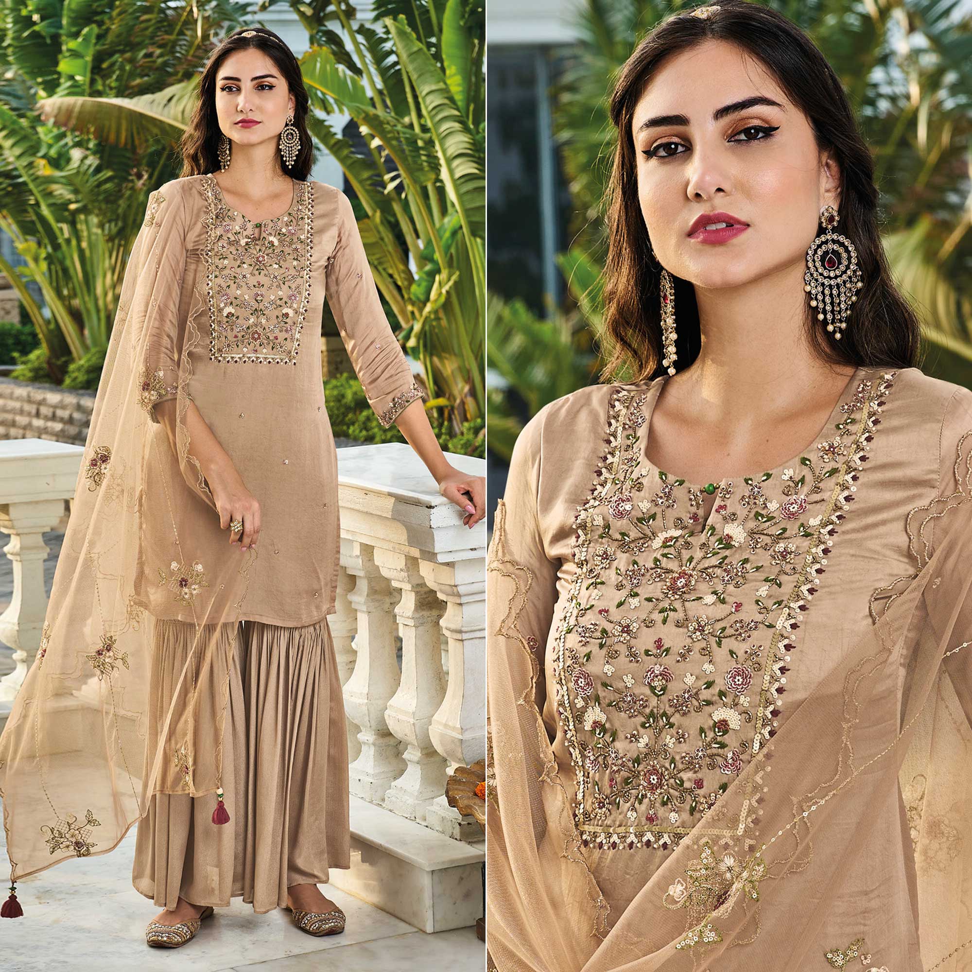 Chikoo Embroidered Chinon Sharara Suit