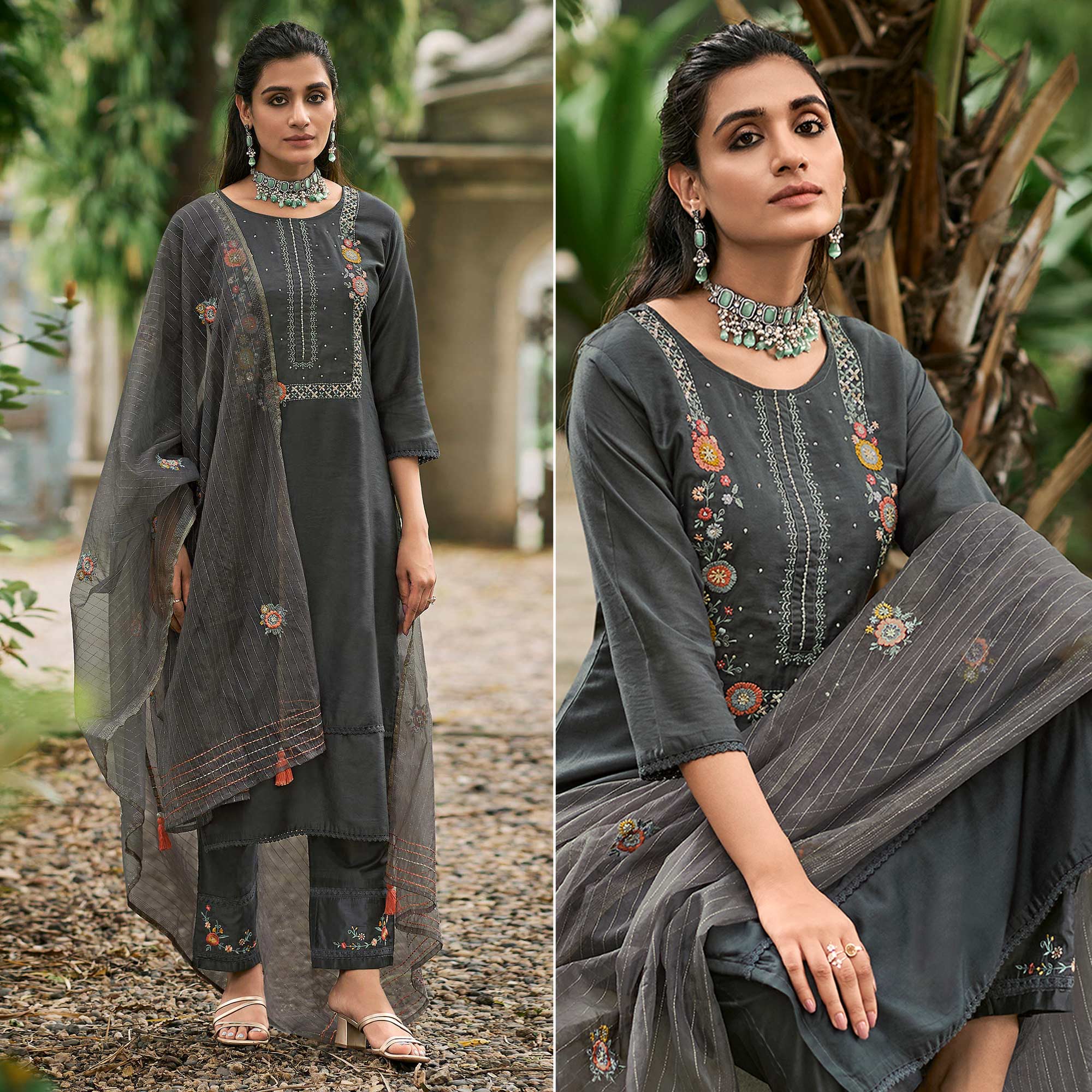 Grey Floral Embroidered Cotton Silk Suit