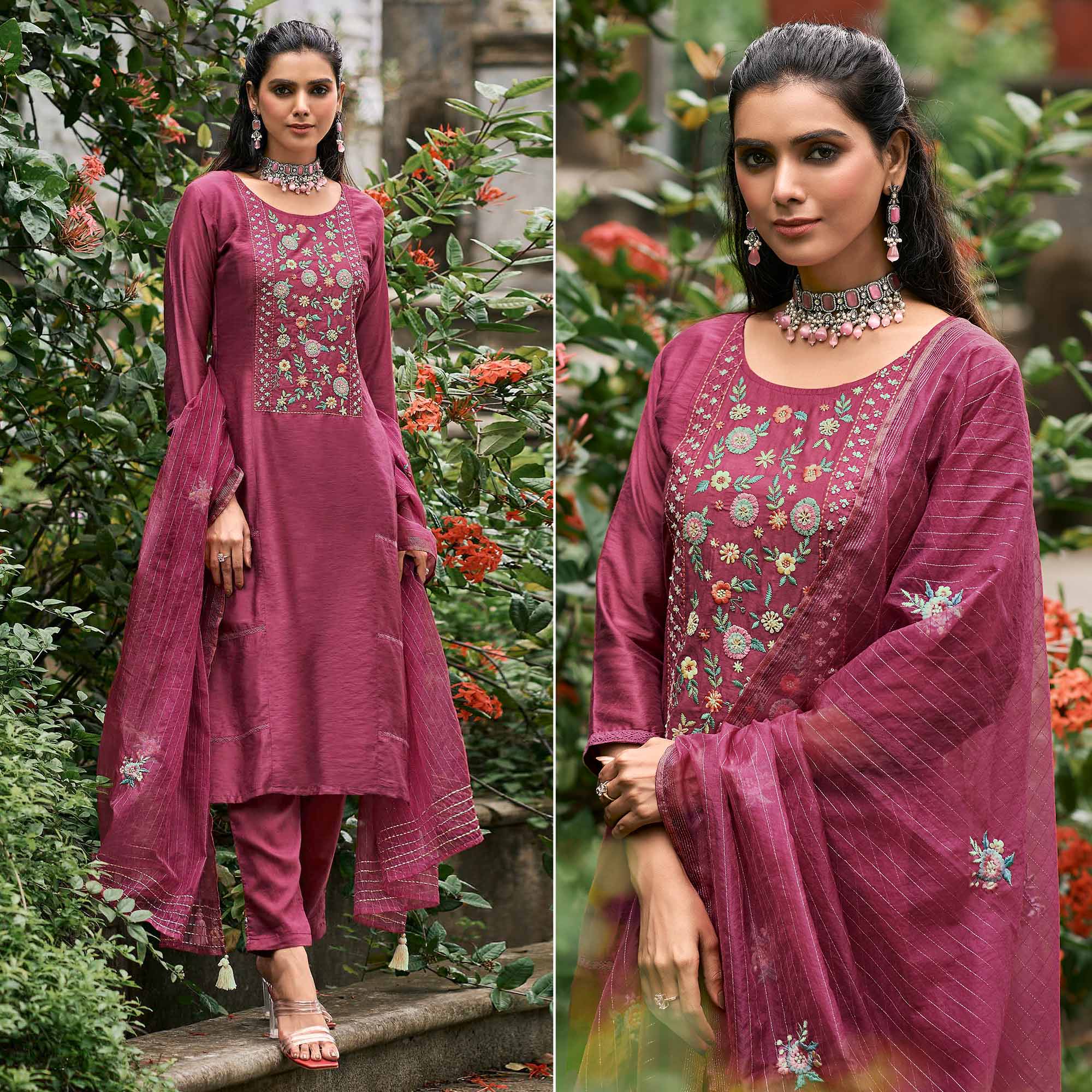 Pink Floral Embroidered Cotton Silk Suit