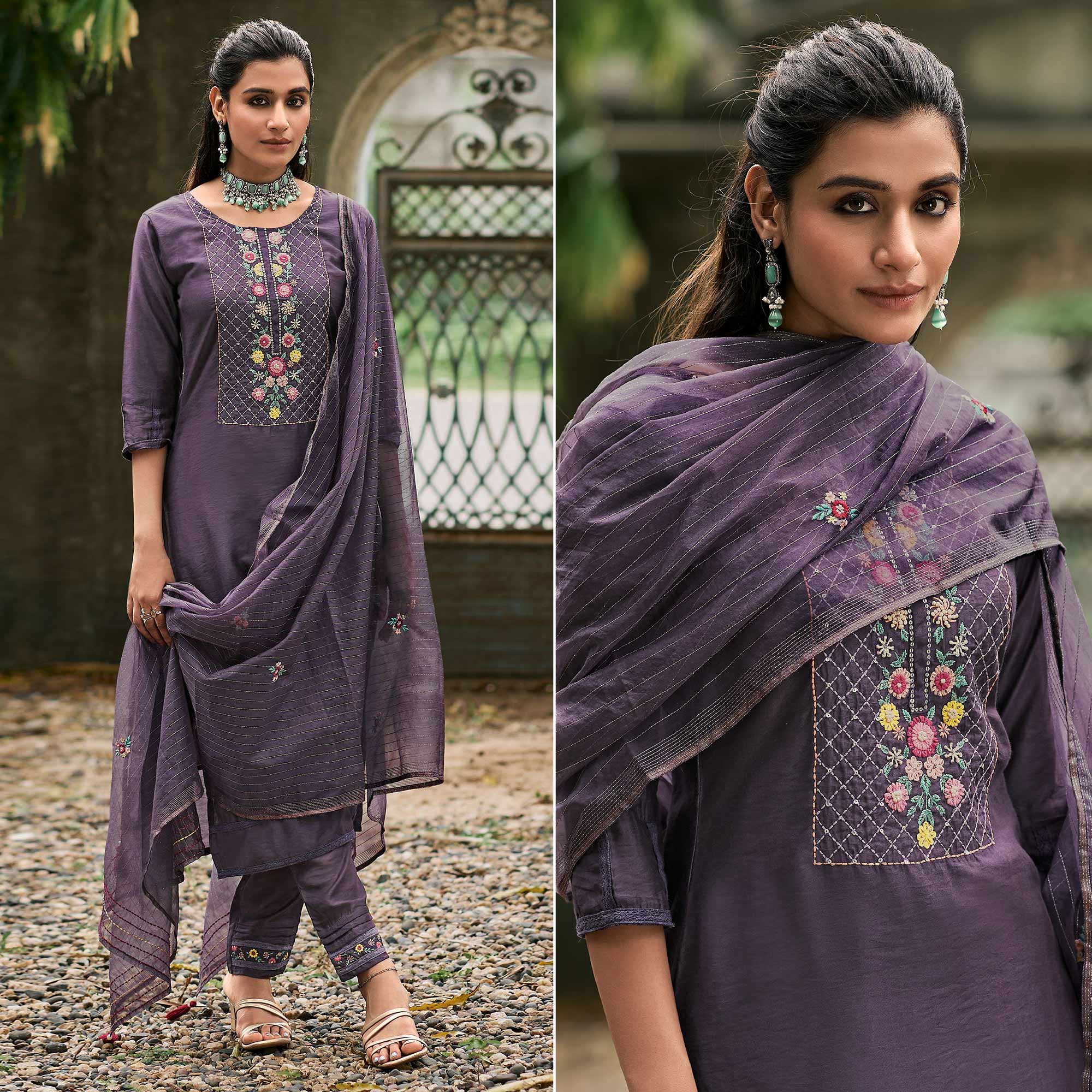 Purple Floral Embroidered Cotton Silk Suit