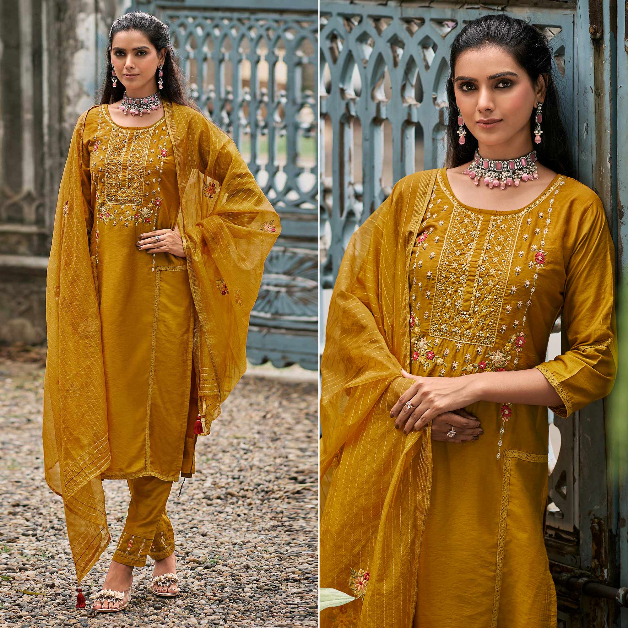 Mustard Floral Embroidered Cotton Silk Suit