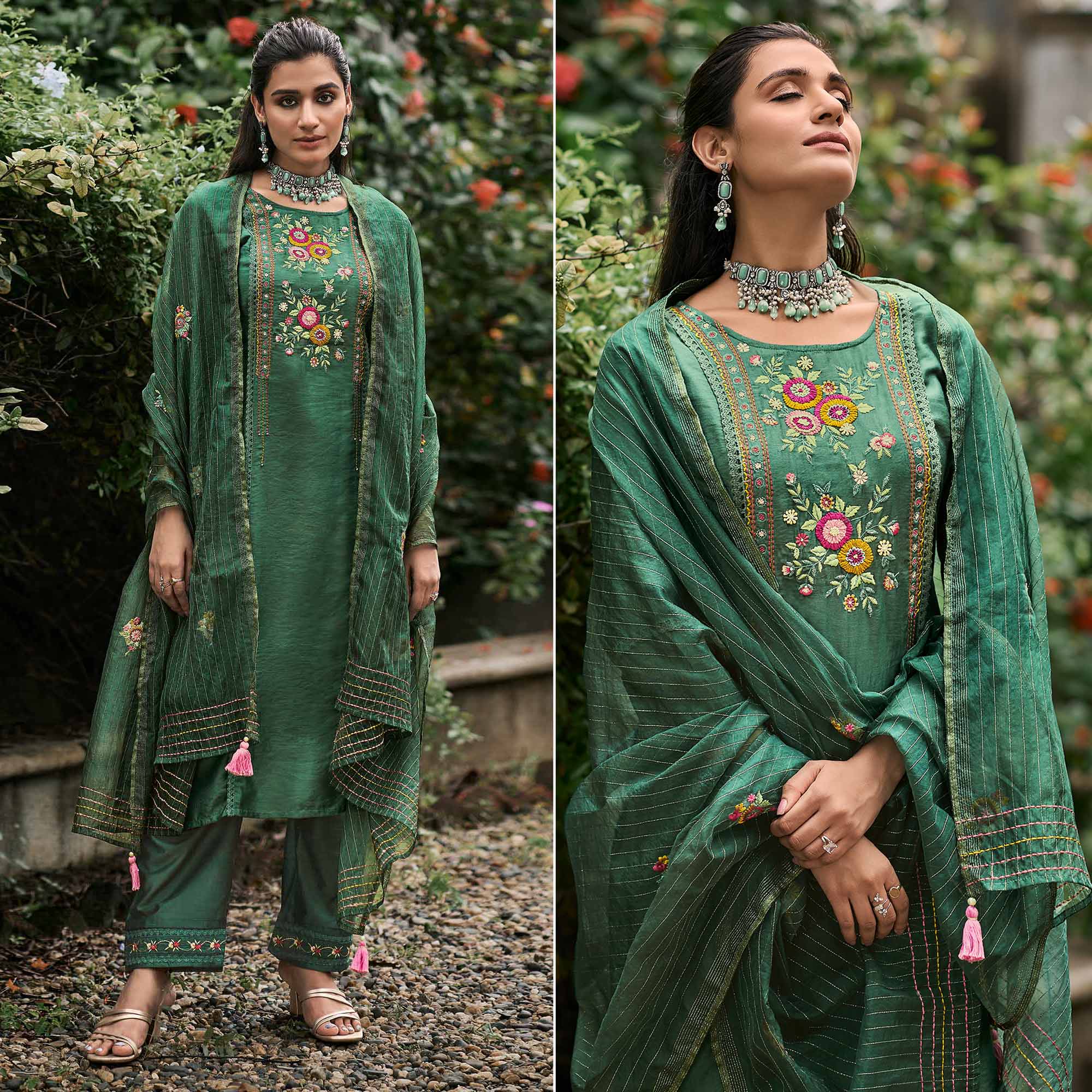 Green Floral Embroidered Cotton Silk Suit