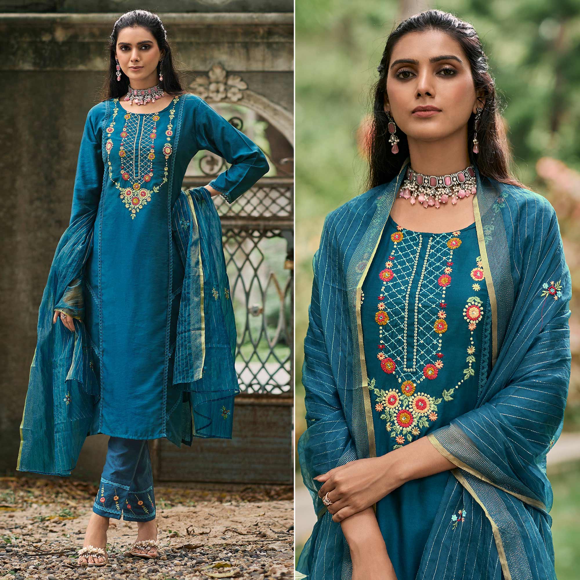 Blue Floral Embroidered Cotton Silk Suit