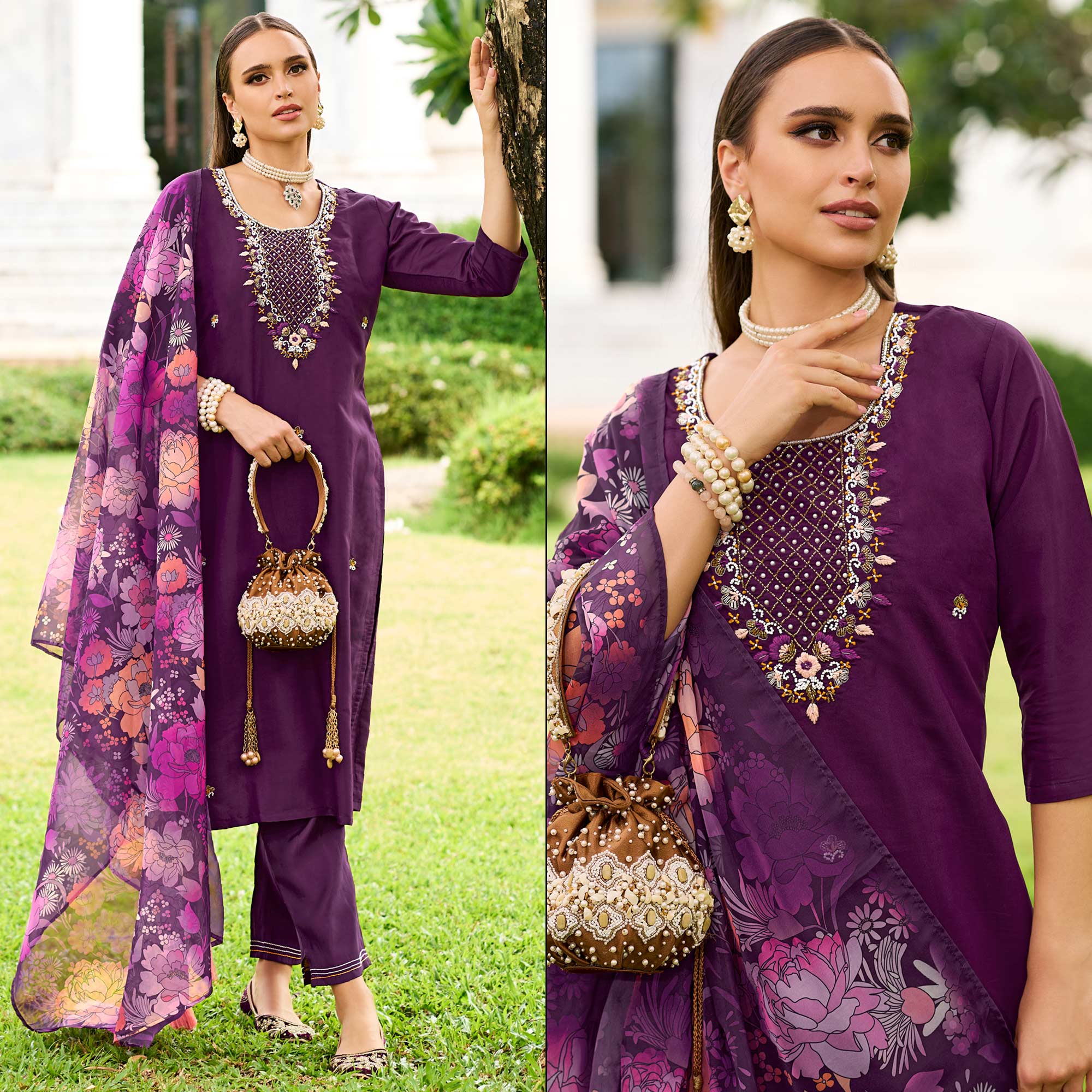 Purple Floral Embroidered Chanderi Silk Suit
