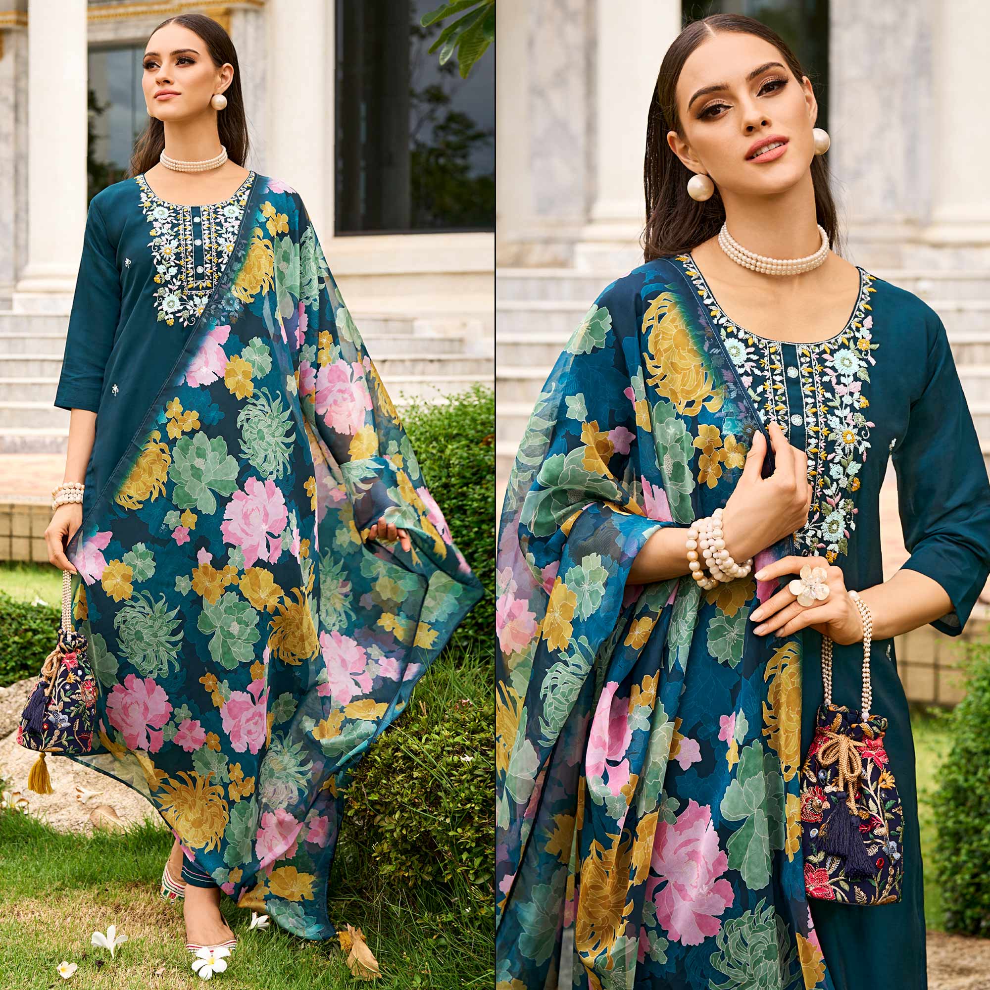 Morpich Floral Embroidered Chanderi Silk Suit