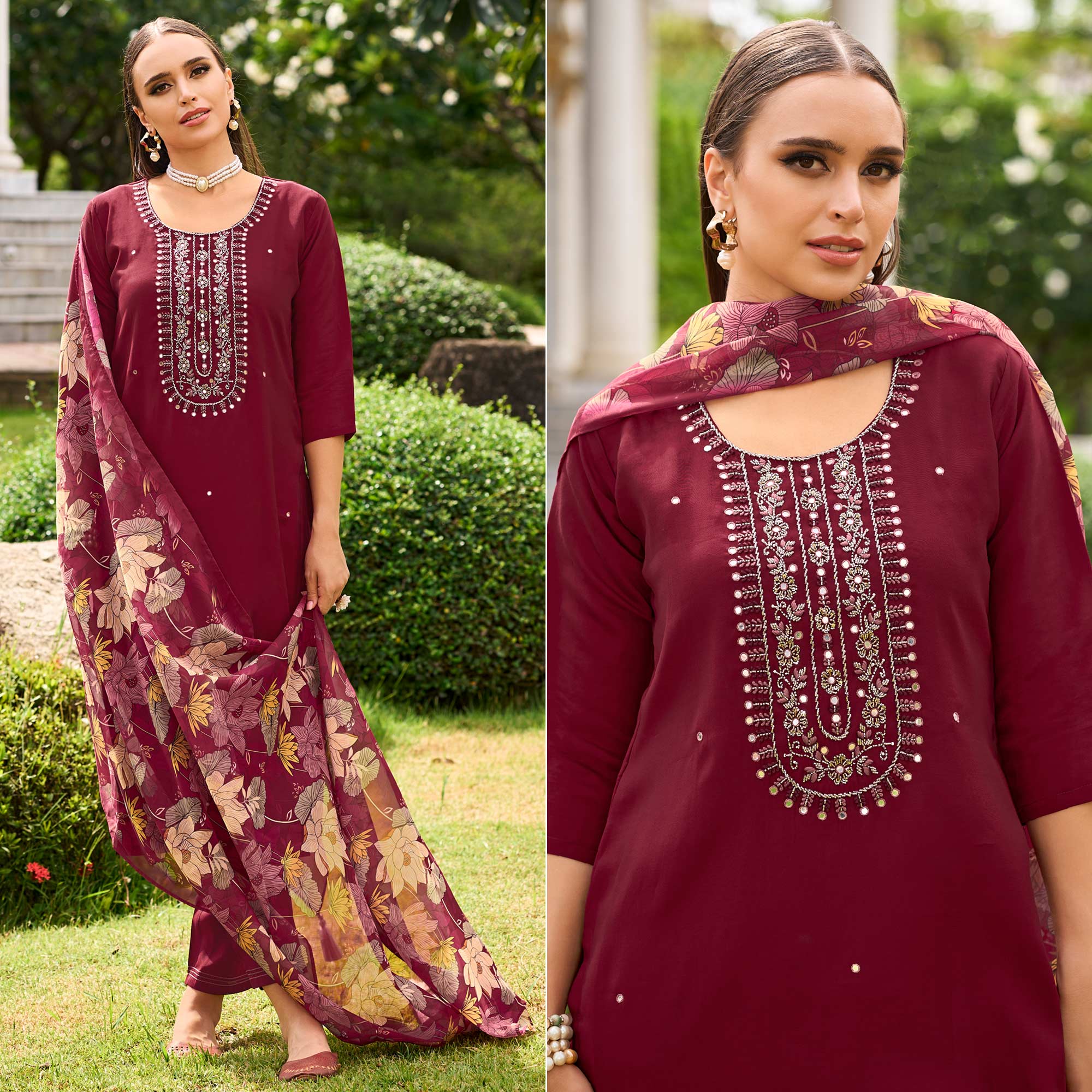 Maroon Floral Embroidered Chanderi Silk Suit