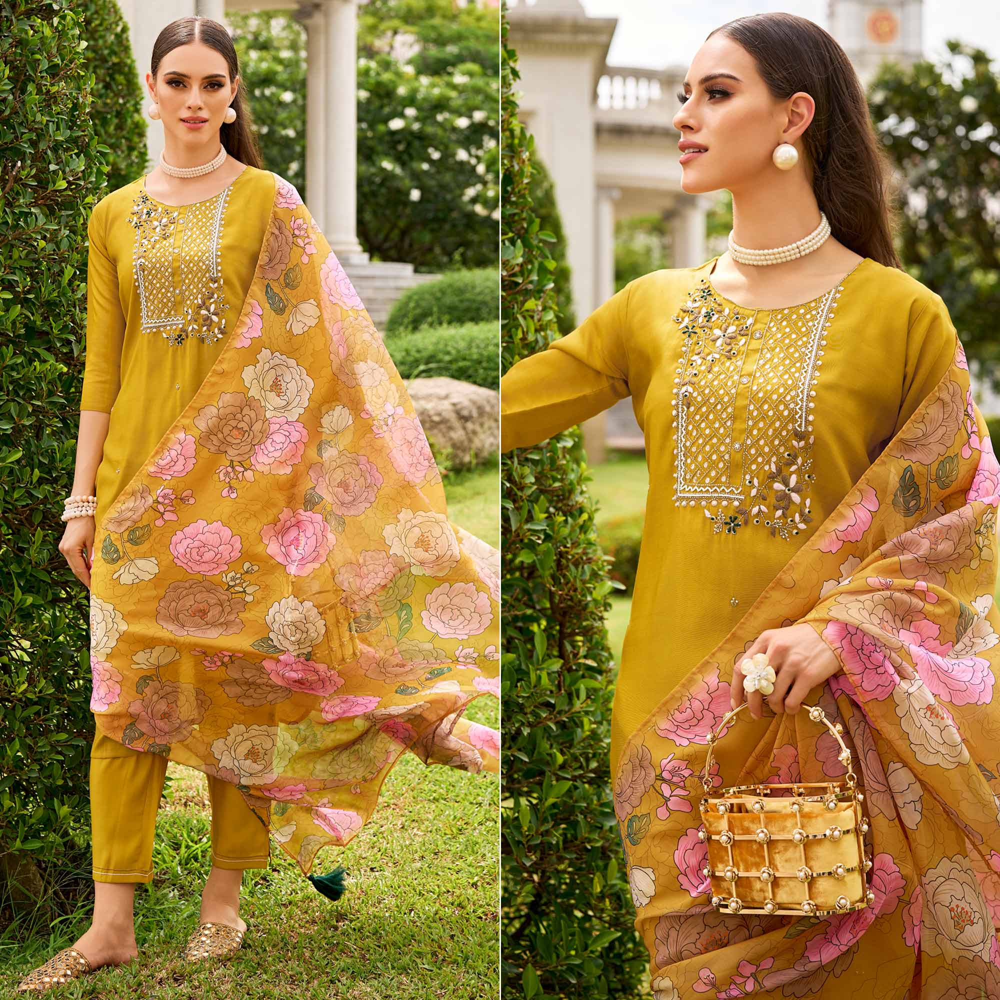 Yellow Floral Embroidered Chanderi Silk Suit