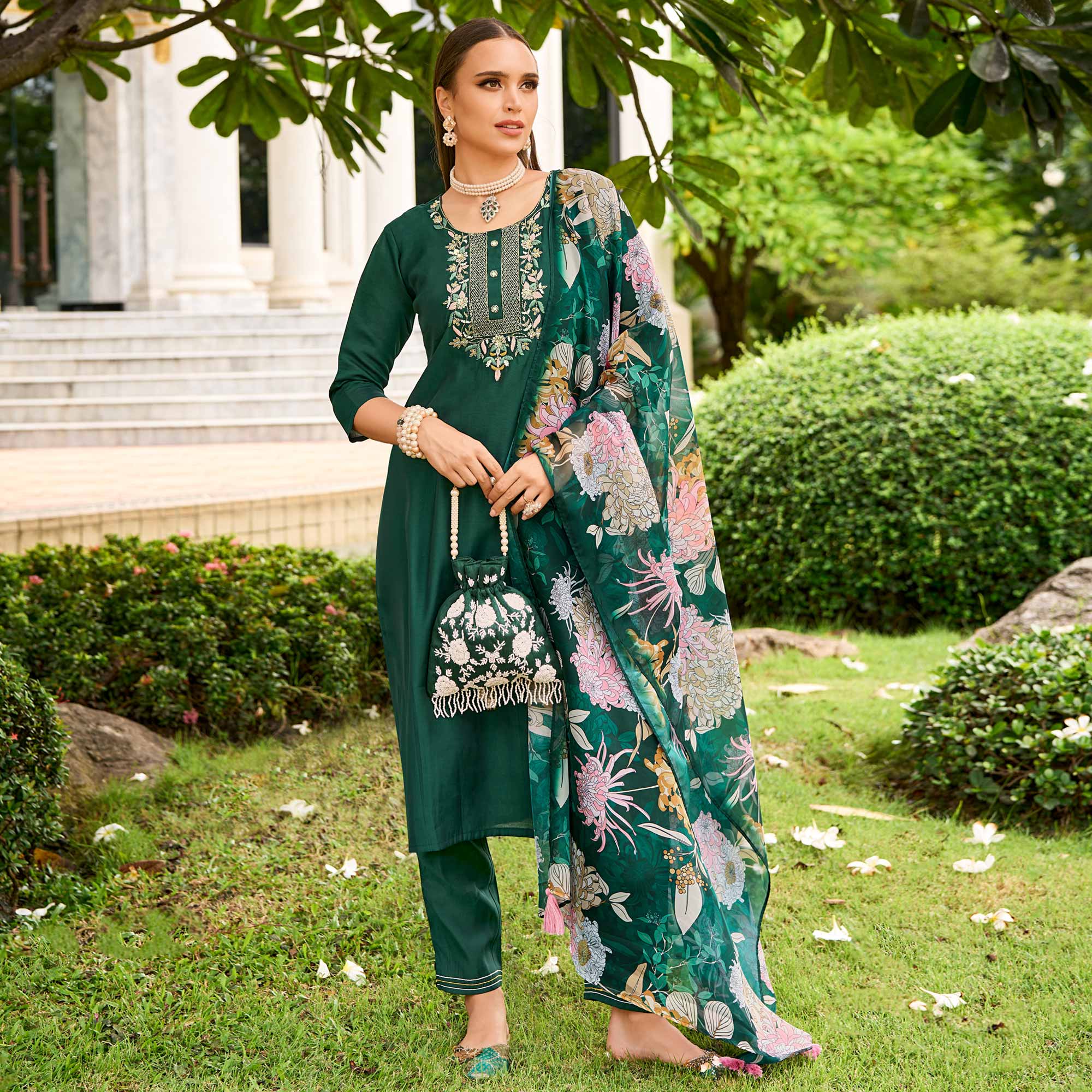 Green Floral Embroidered Chanderi Silk Suit