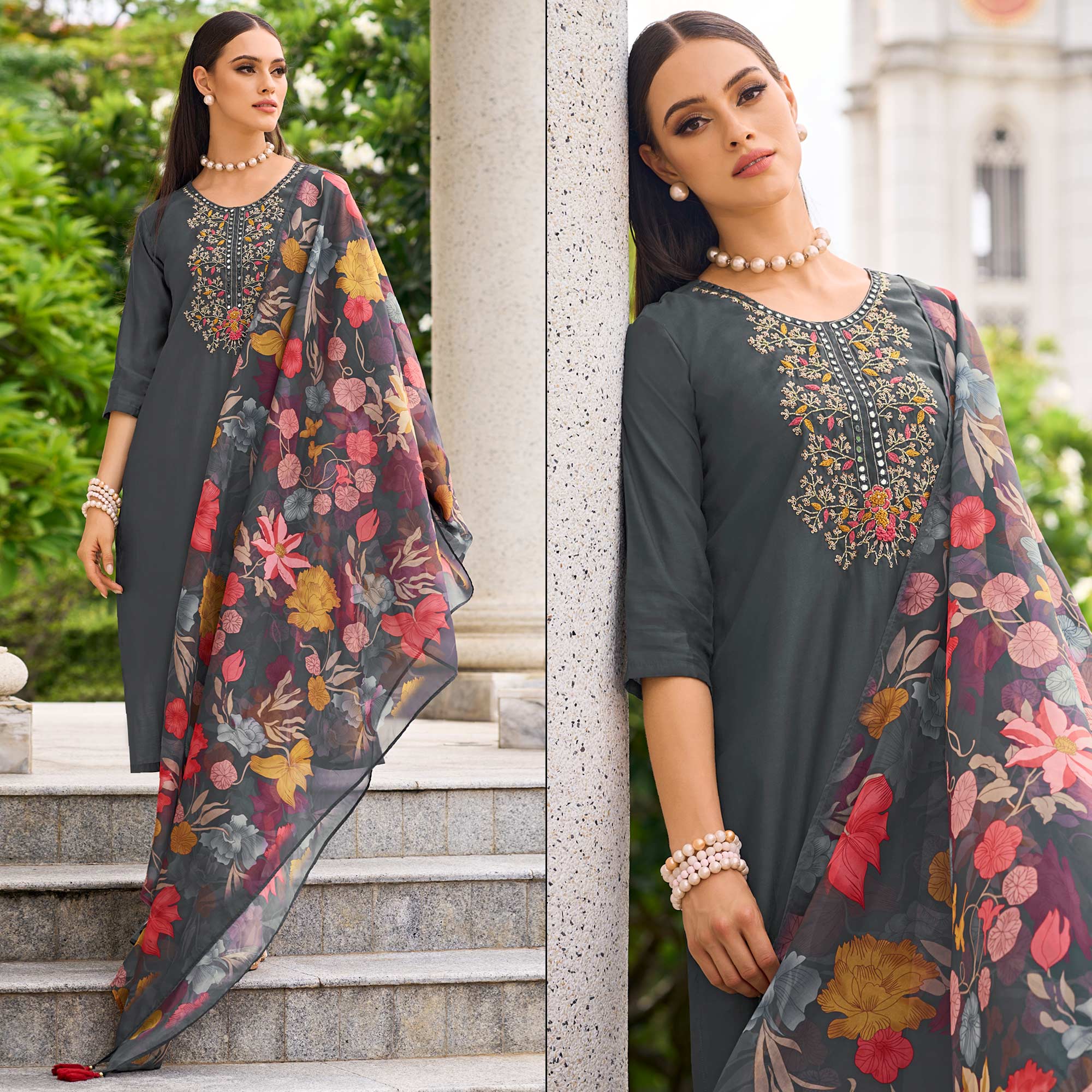 Grey Floral Embroidered Chanderi Silk Suit