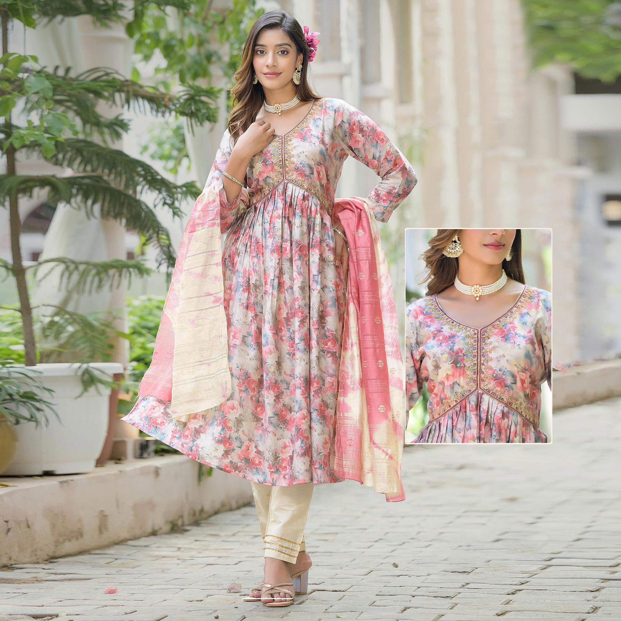 Cream Floral Printed Modal Anarkali Salwar Suit