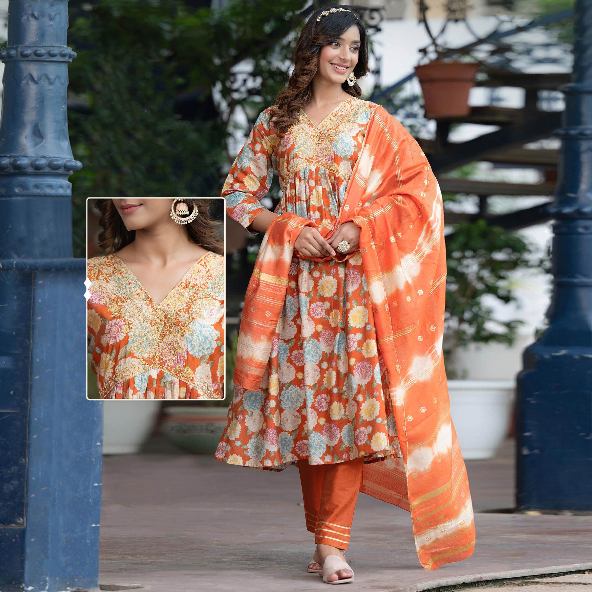 Orange Floral Printed Modal Anarkali Salwar Suit