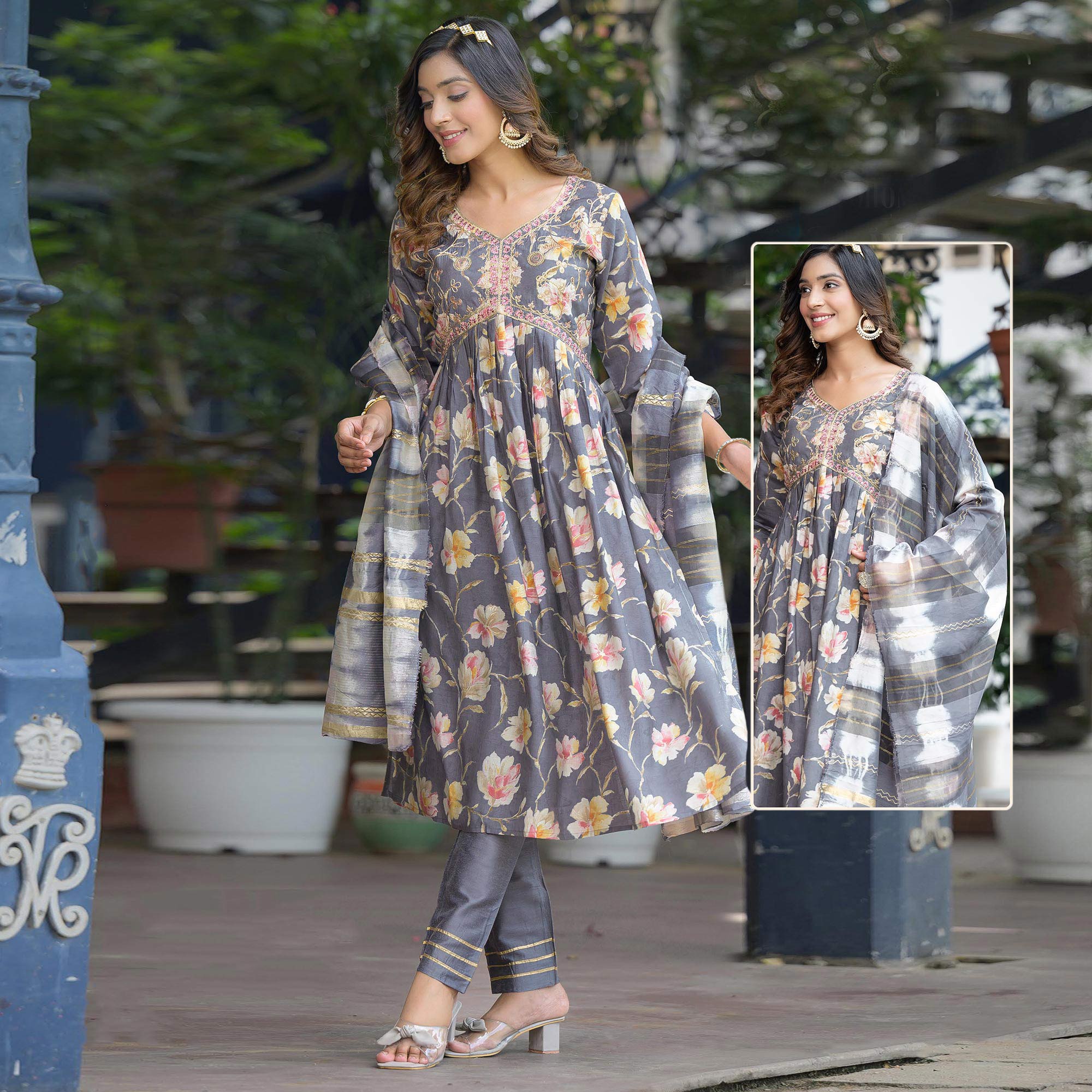Grey Floral Printed Modal Anarkali Salwar Suit