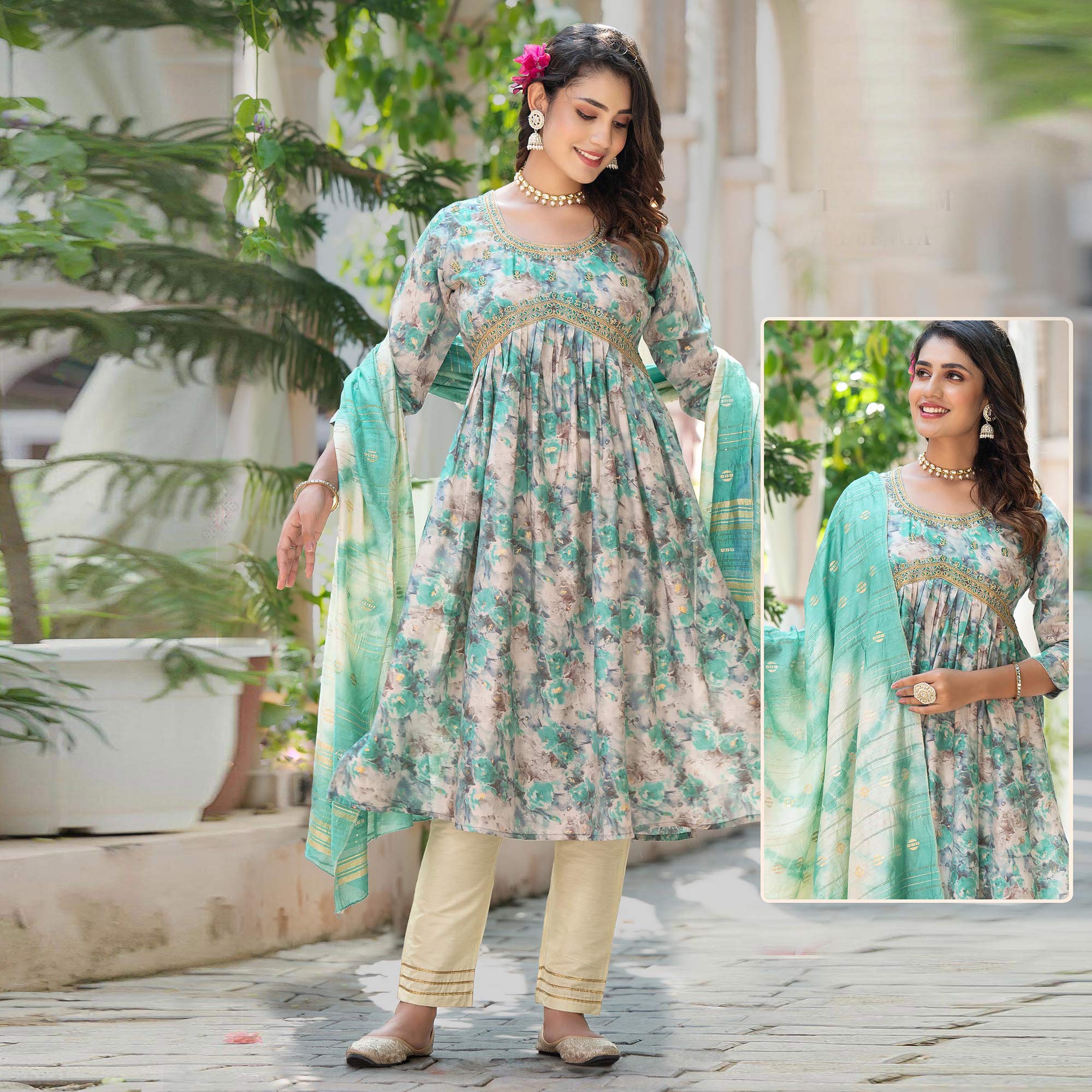 Turquoise Floral Printed Modal Anarkali Salwar Suit