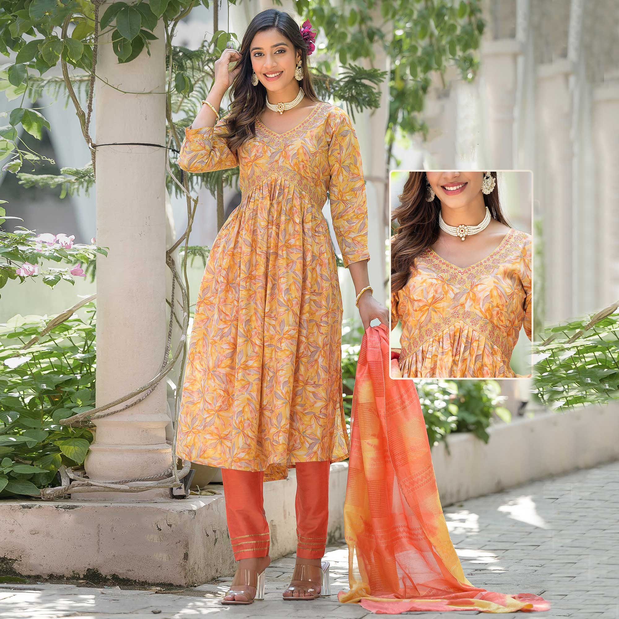 Yellow Floral Printed Modal Anarkali Salwar Suit