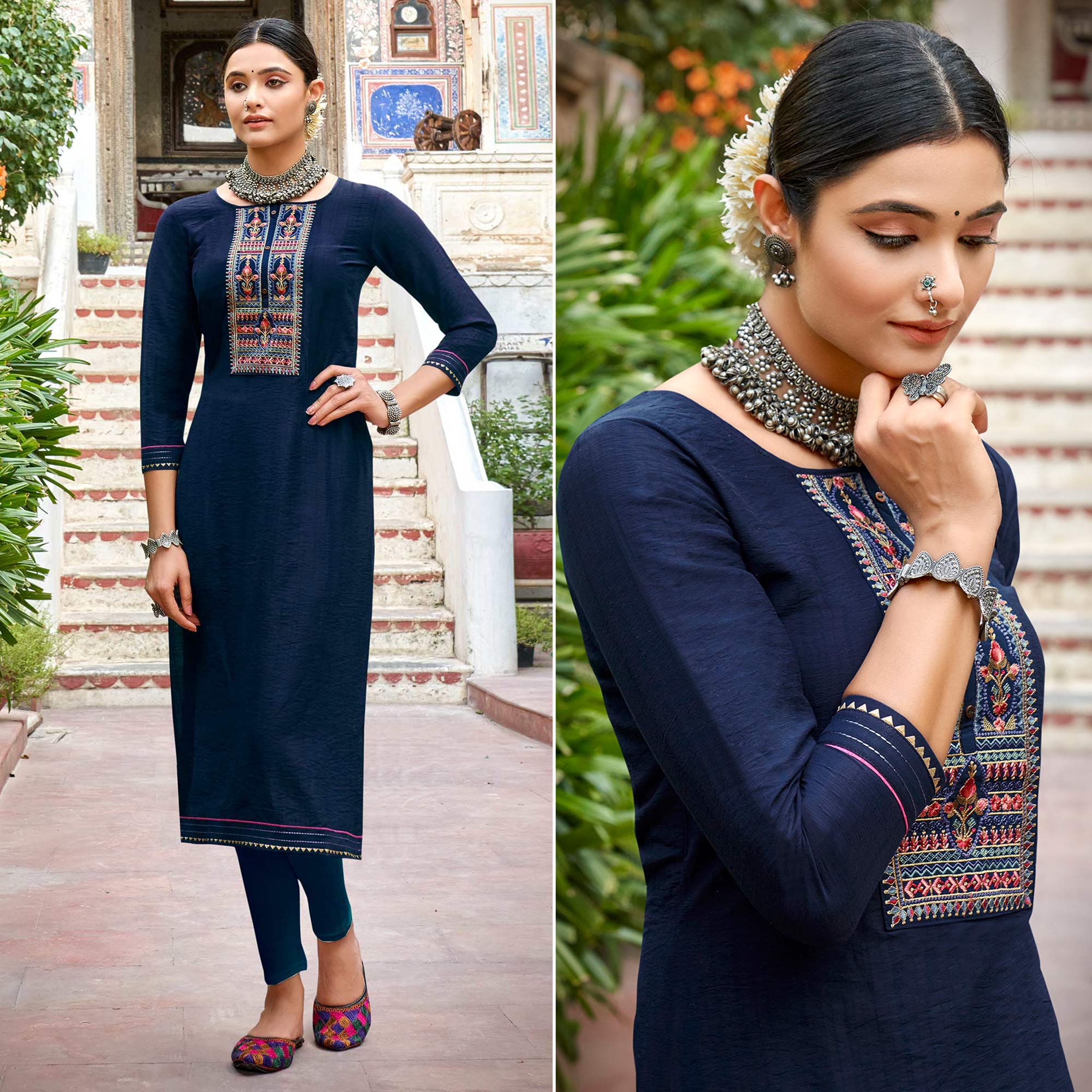 Blue Embroidered Viscose Kurti