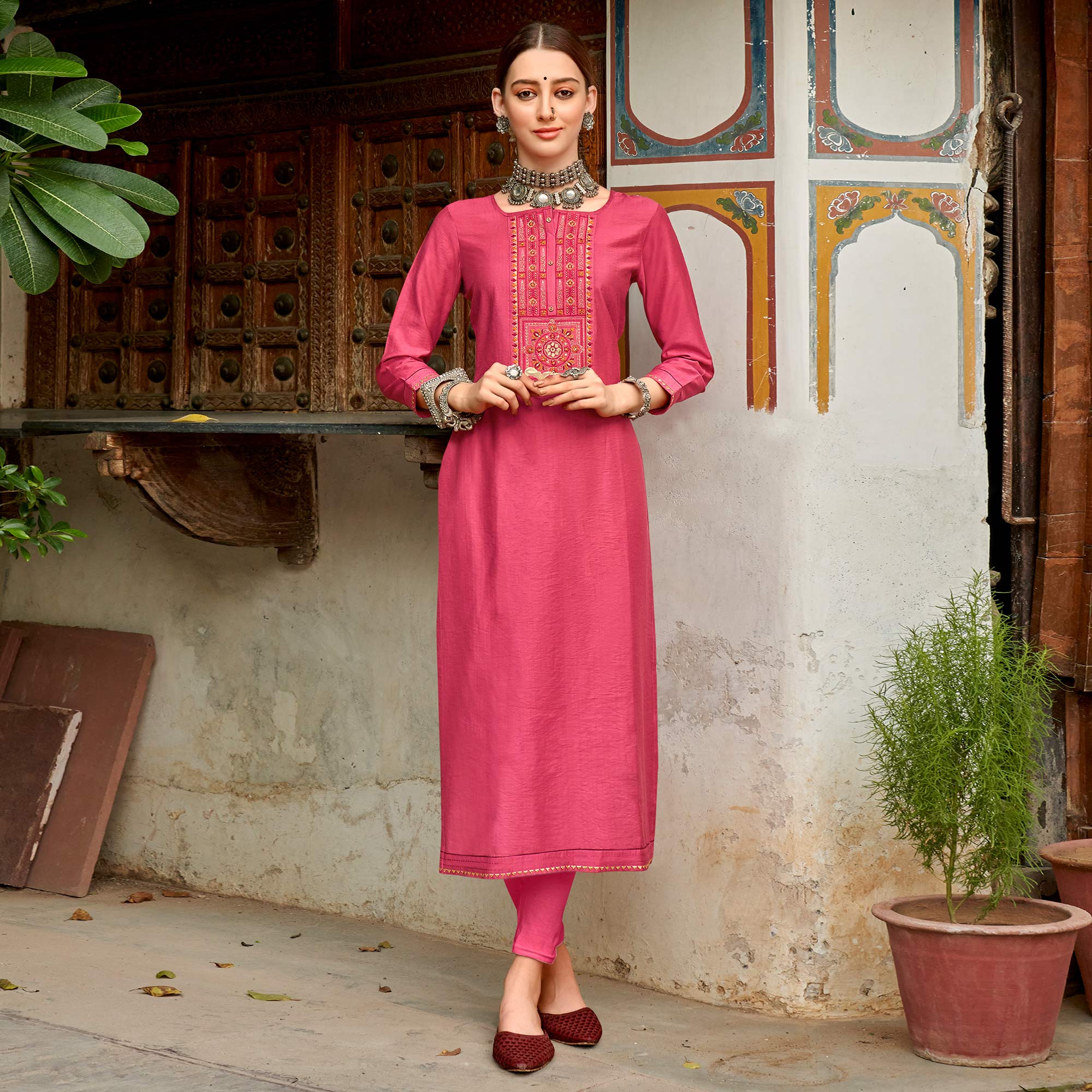 Pink Embroidered Viscose Kurti