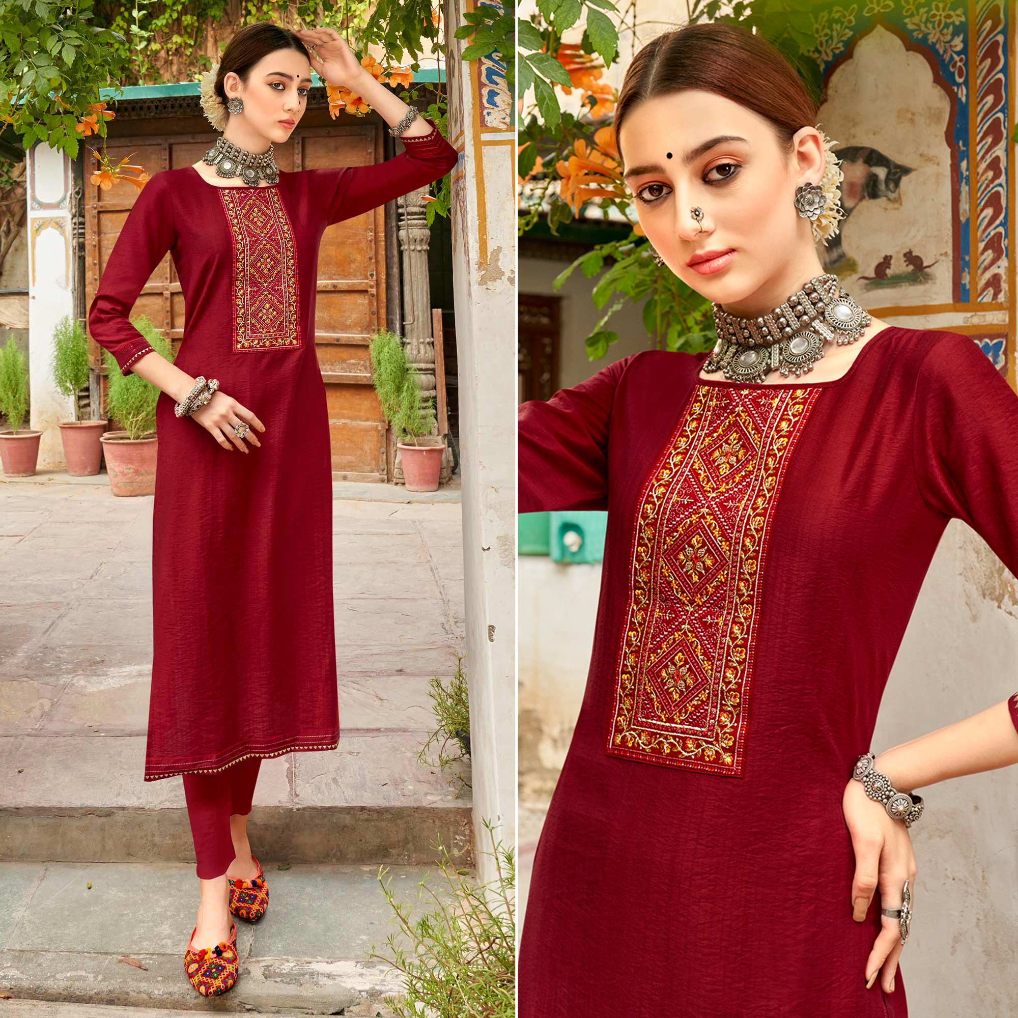 Dark Red Embroidered Viscose Kurti