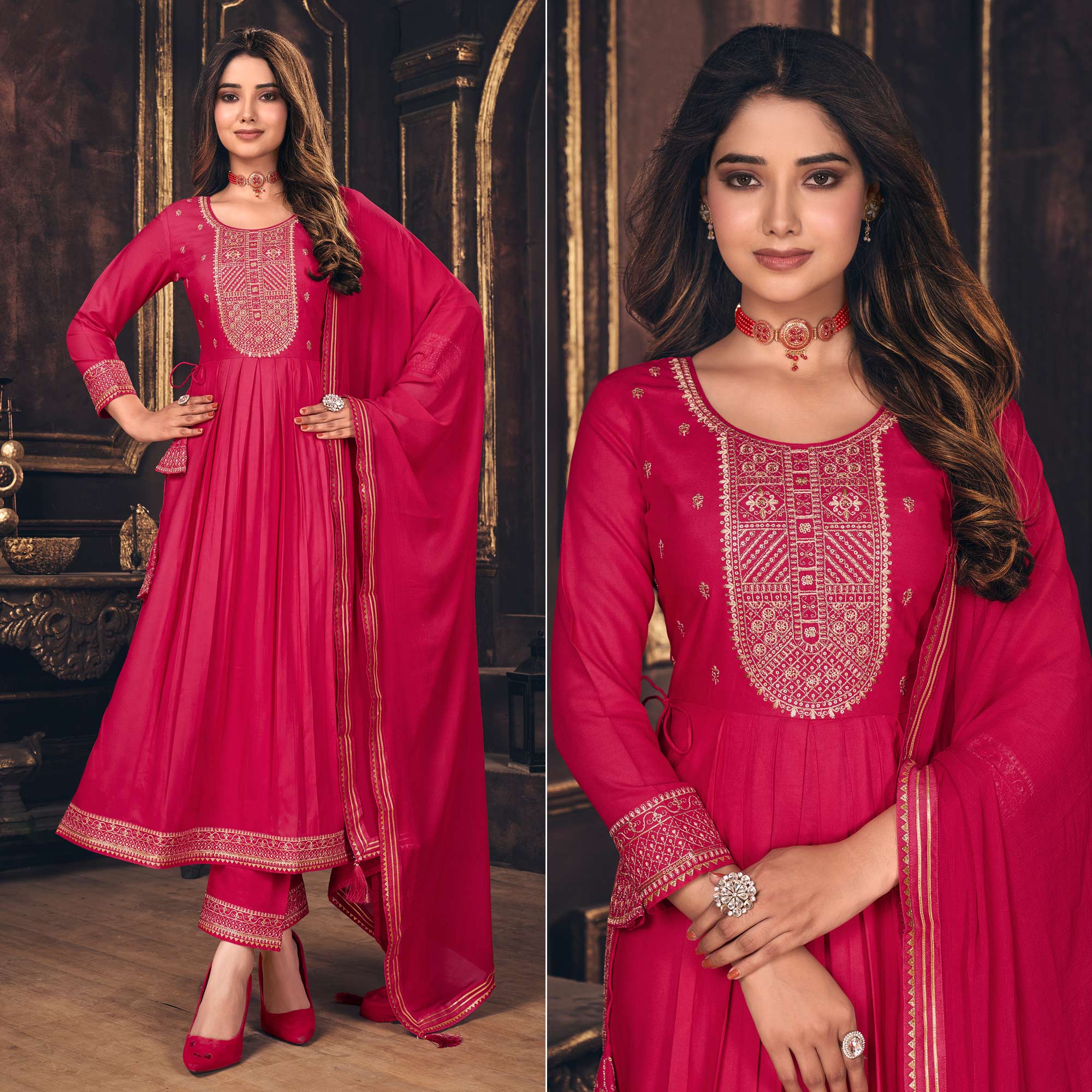 Pink Embroidered Cotton Silk Naira Cut Suit