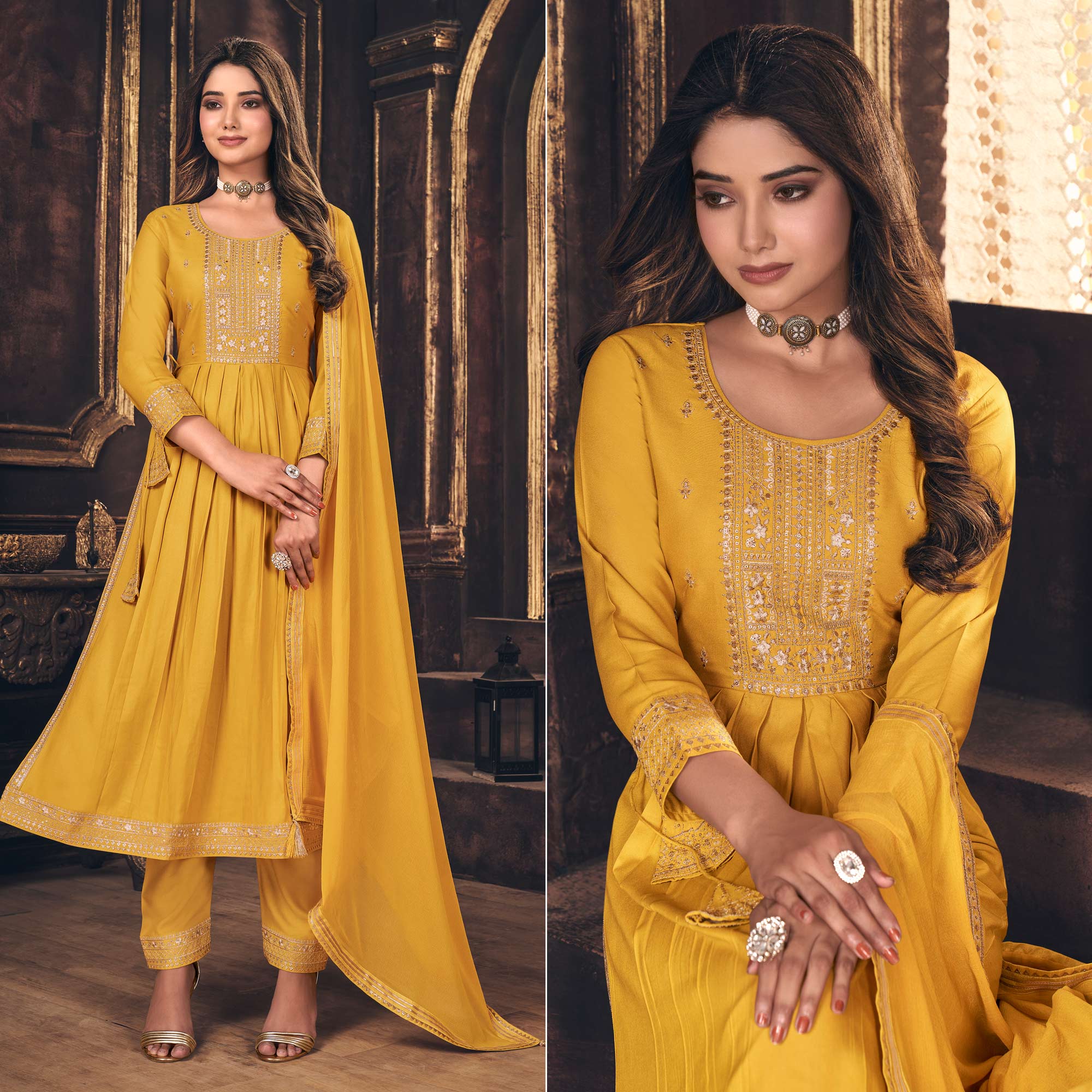 Yellow Embroidered Cotton Silk Naira Cut Suit