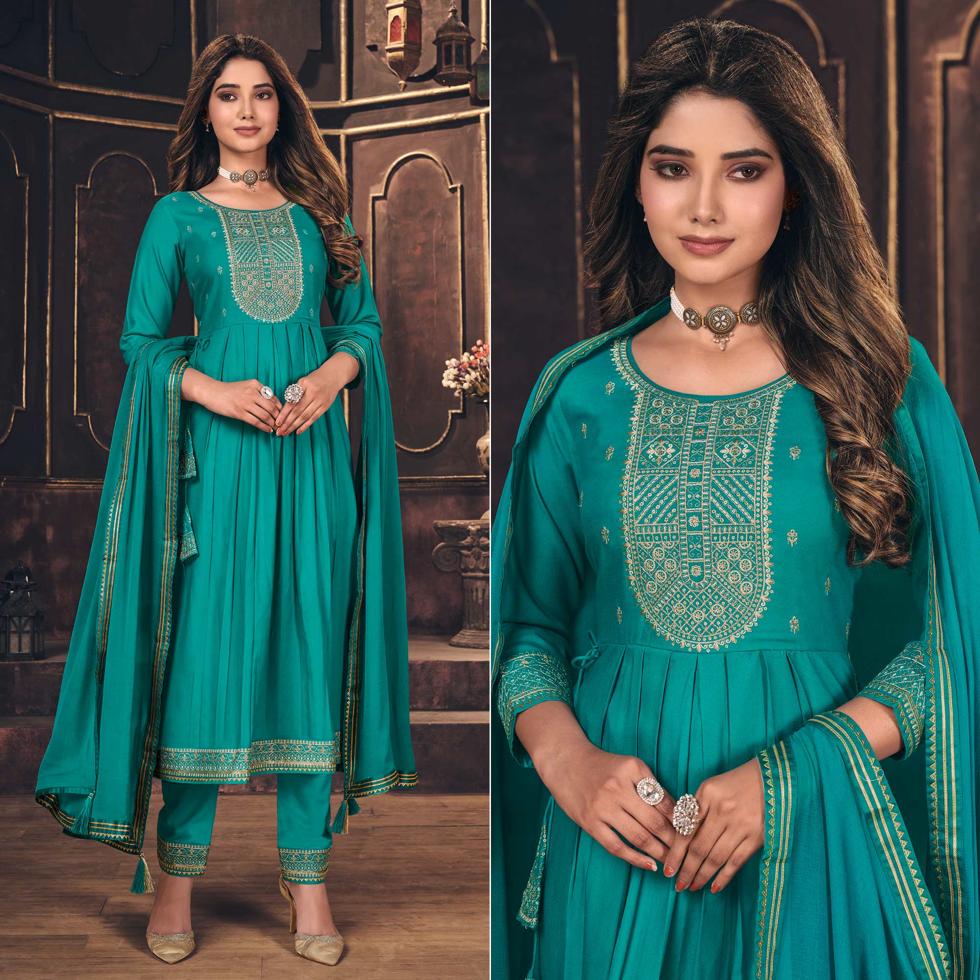 Turquoise Embroidered Cotton Silk Naira Cut Suit