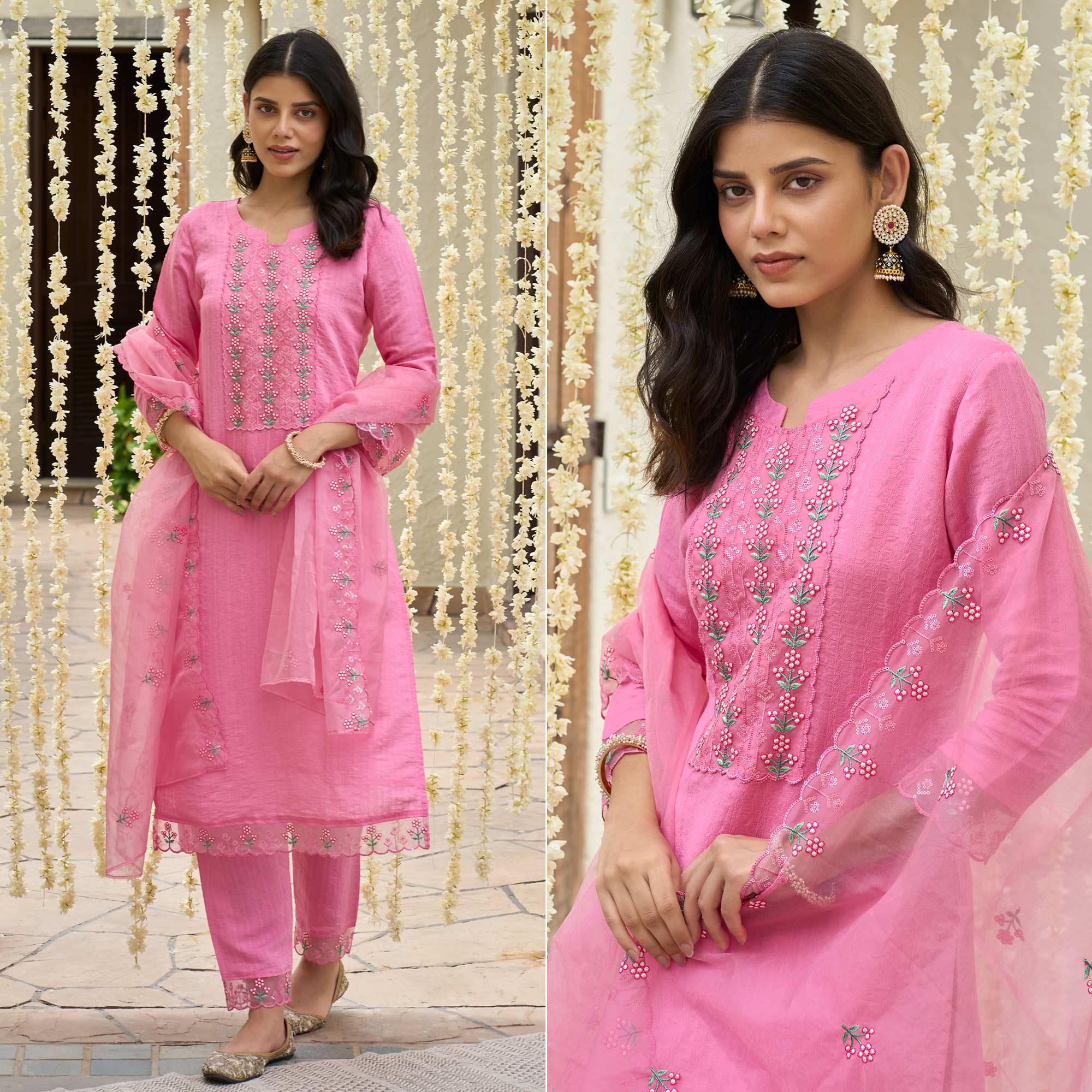 Pink Floral Embroidered Rayon Salwar Suit