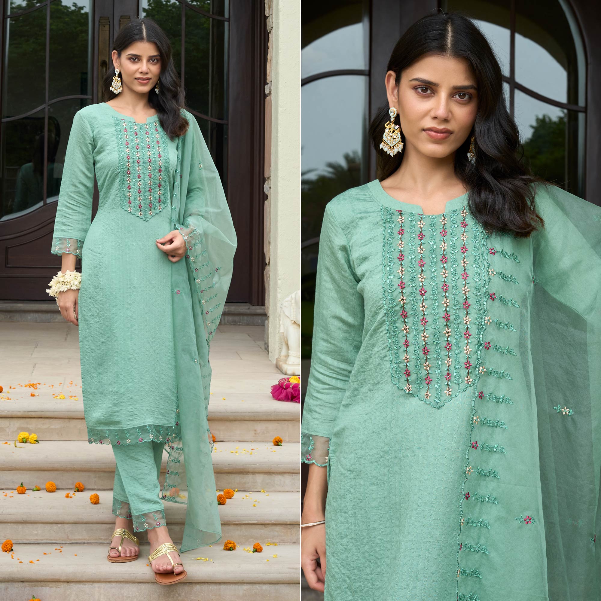 Turquoise Floral Embroidered Rayon Salwar Suit