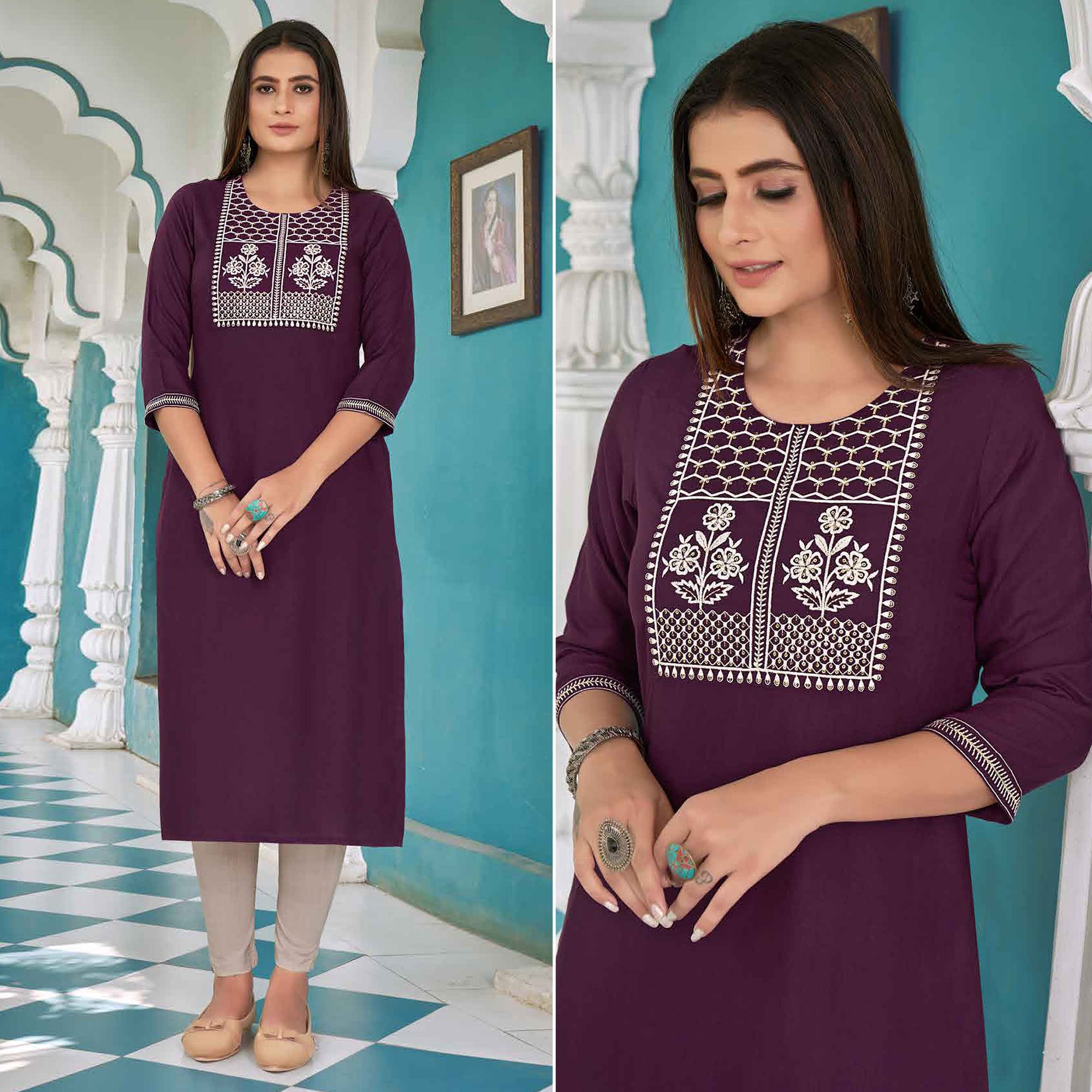 Wine Floral Embroidered Rayon Kurti