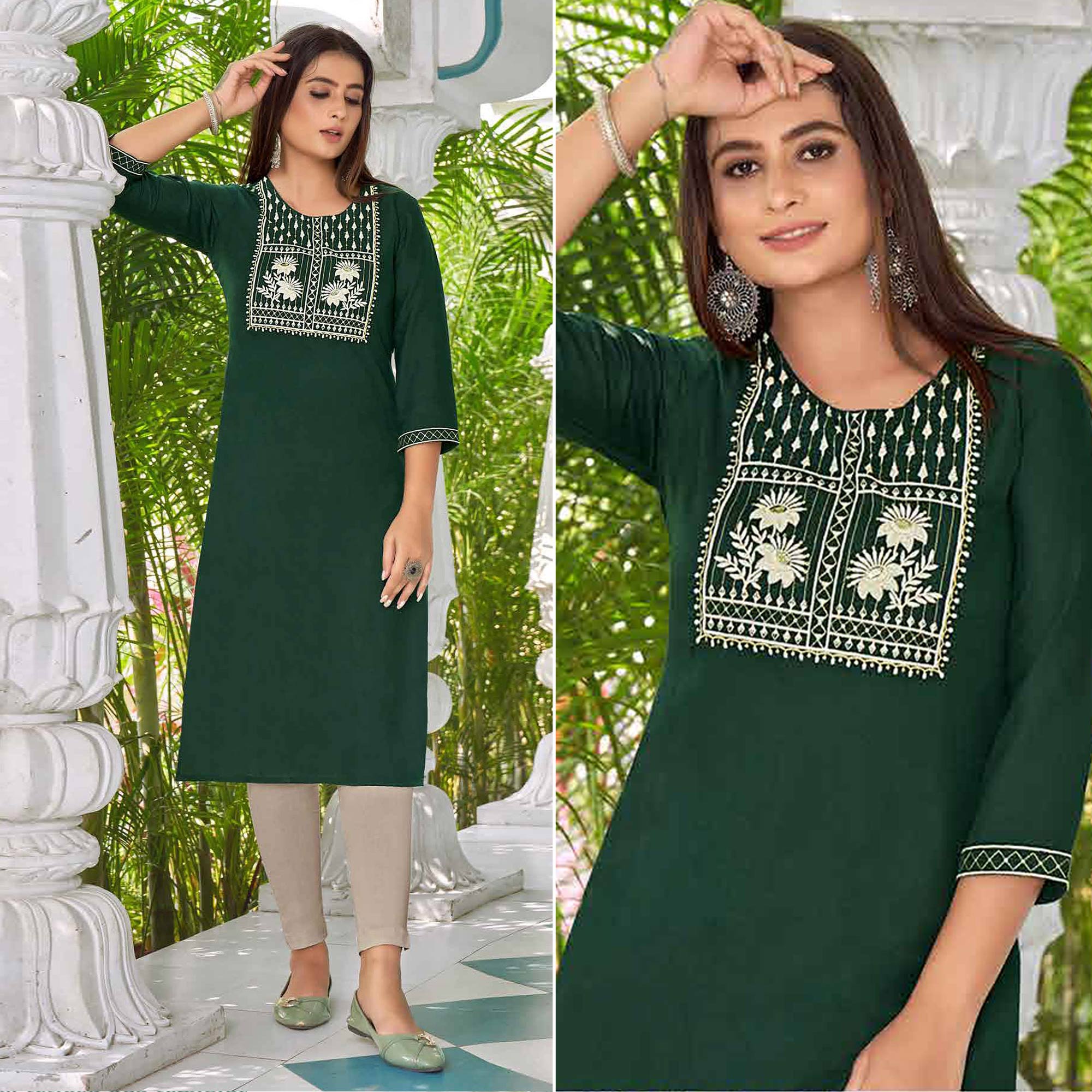 Green Floral Embroidered Rayon Kurti