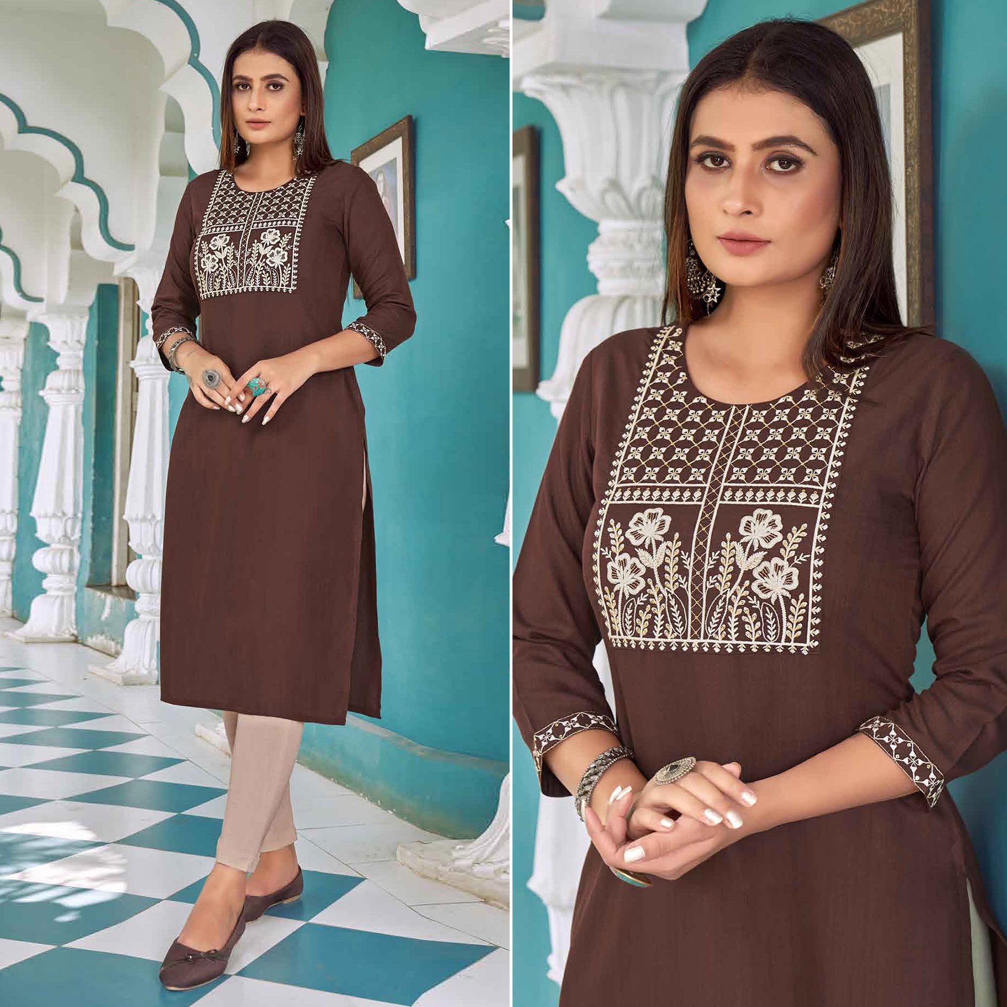 Brown Floral Embroidered Rayon Kurti