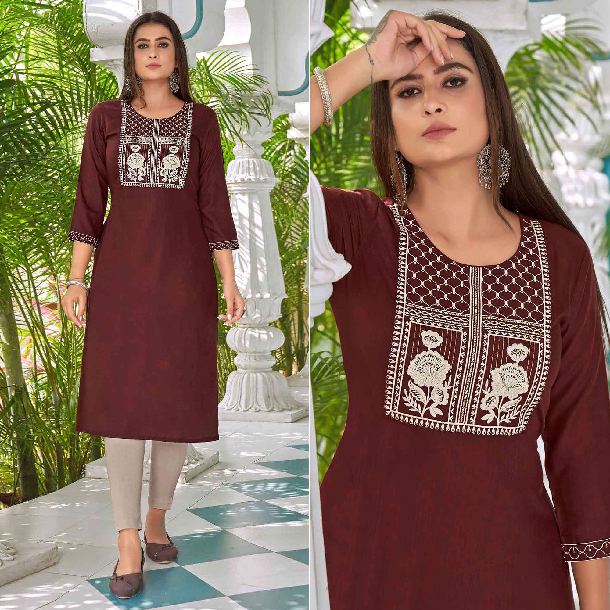 Rust Floral Embroidered Rayon Kurti