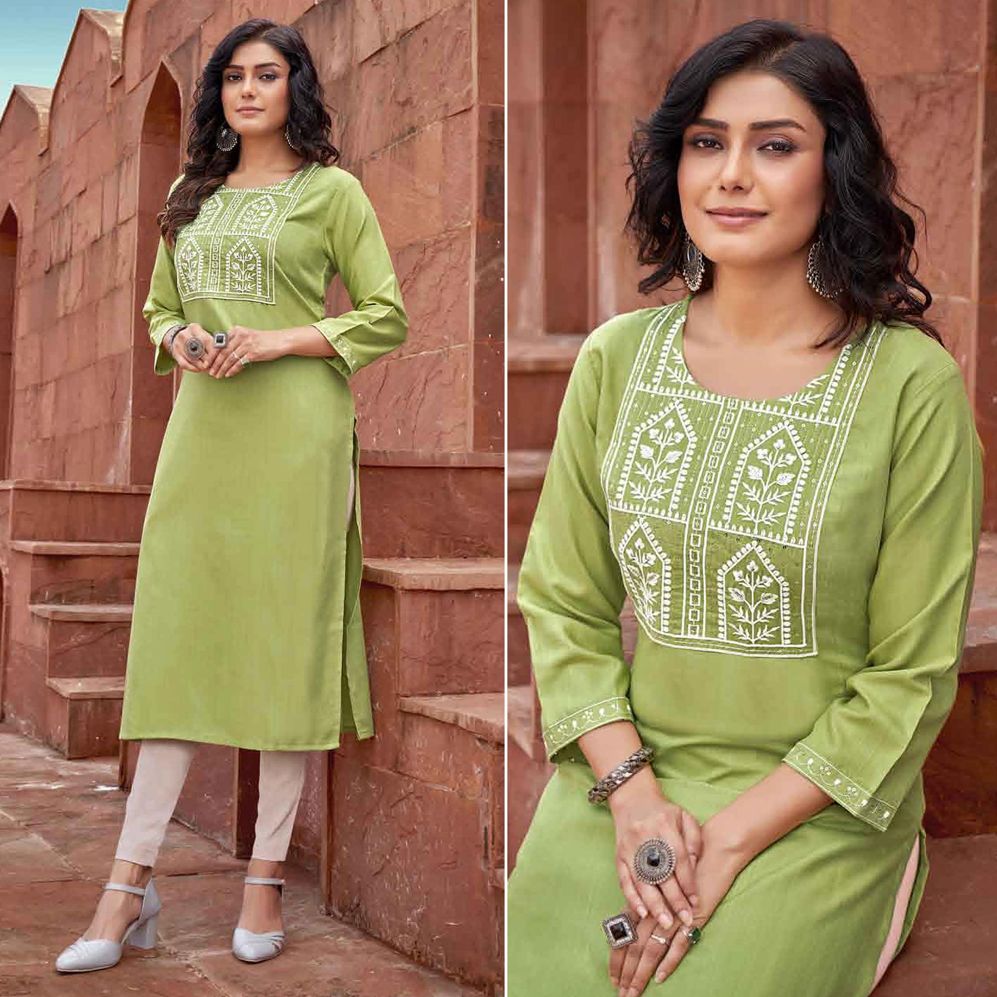 Green Floral Embroidered Rayon Kurti