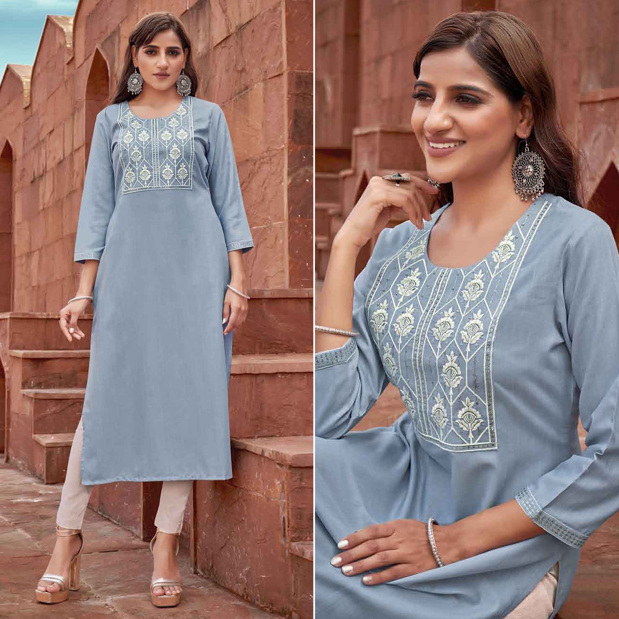 Sky Blue Floral Embroidered Rayon Kurti
