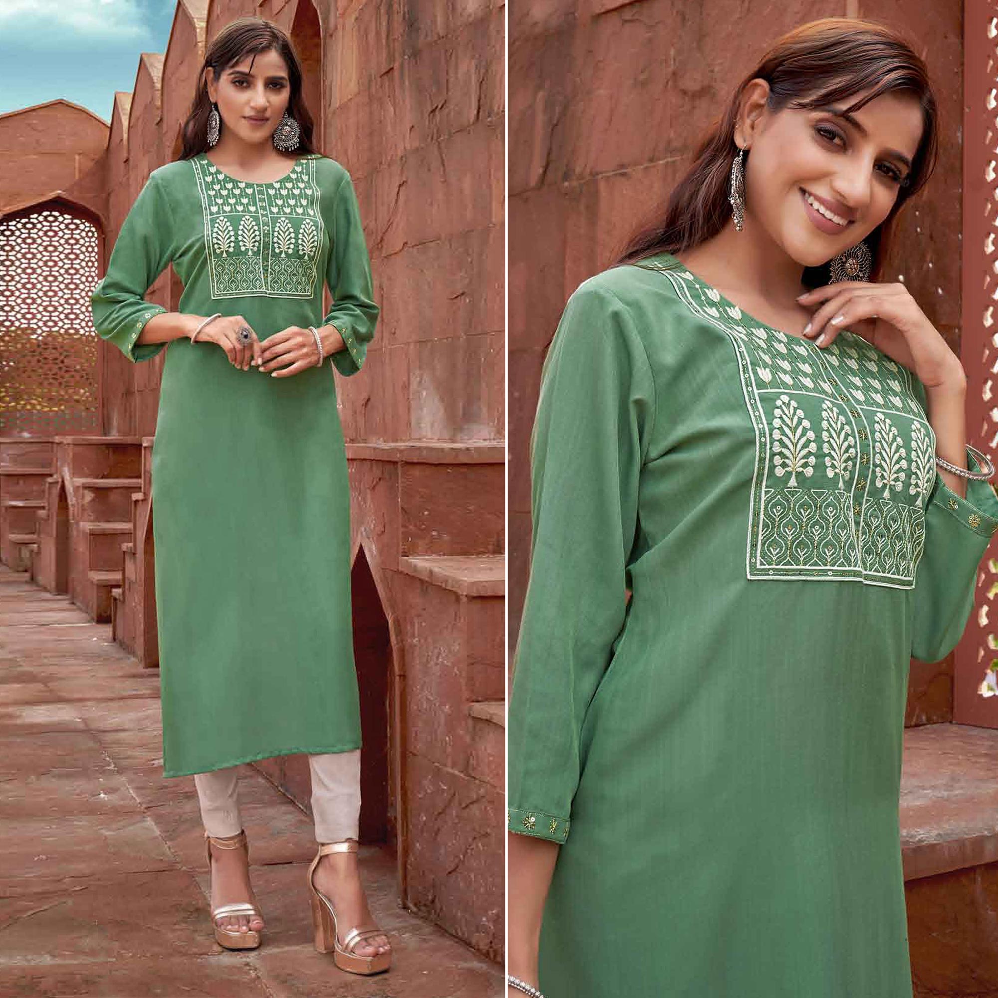 Green Floral Embroidered Rayon Kurti