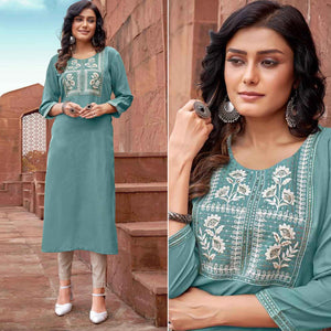 Blue Floral Embroidered Rayon Kurti