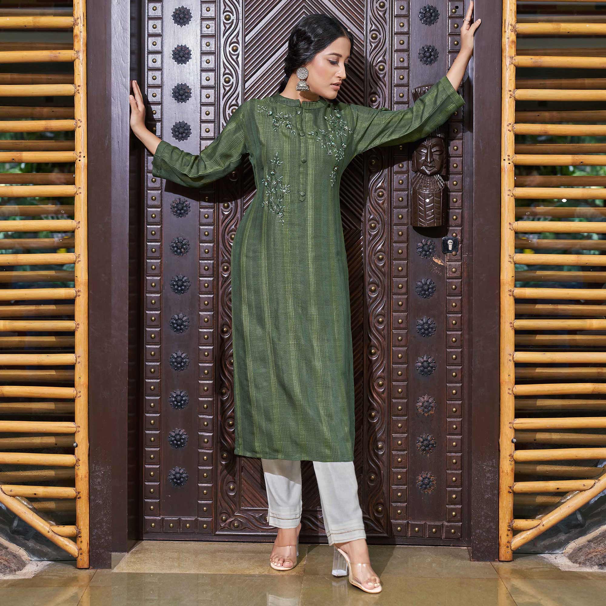 Green Floral Embroidered Rayon Kurti