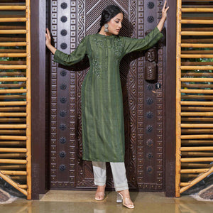 Green Floral Embroidered Rayon Kurti