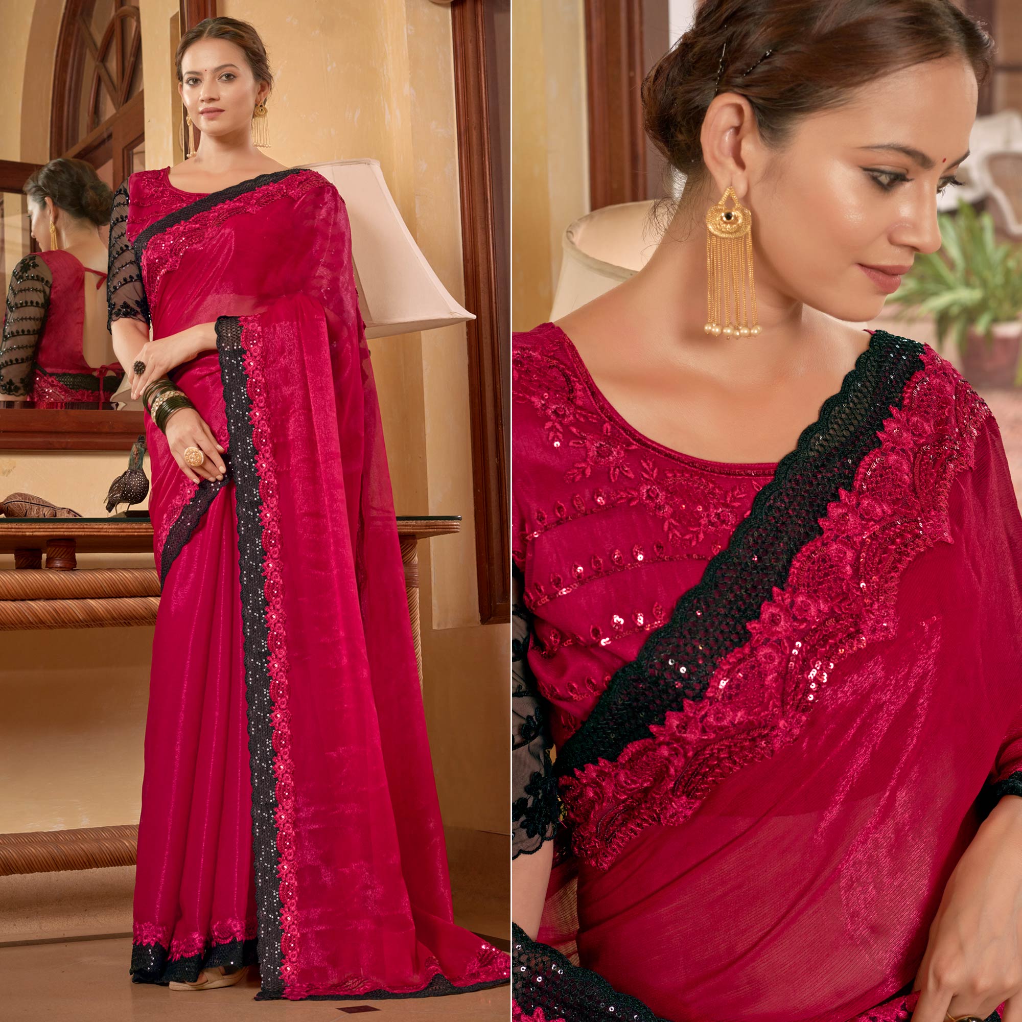 Rani Pink Sequins With Embroidered Chiffon Saree