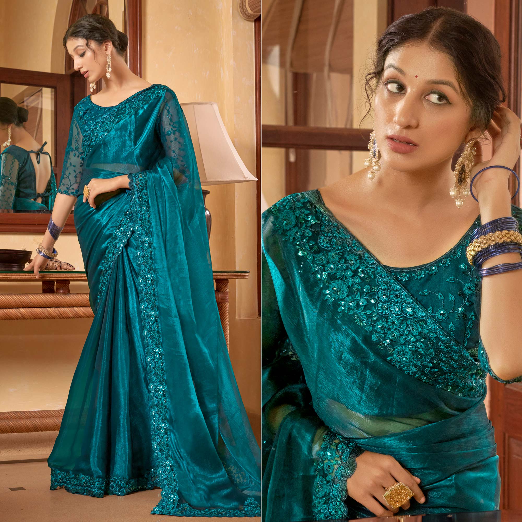 Morpich Sequins With Embroidered Chiffon Saree