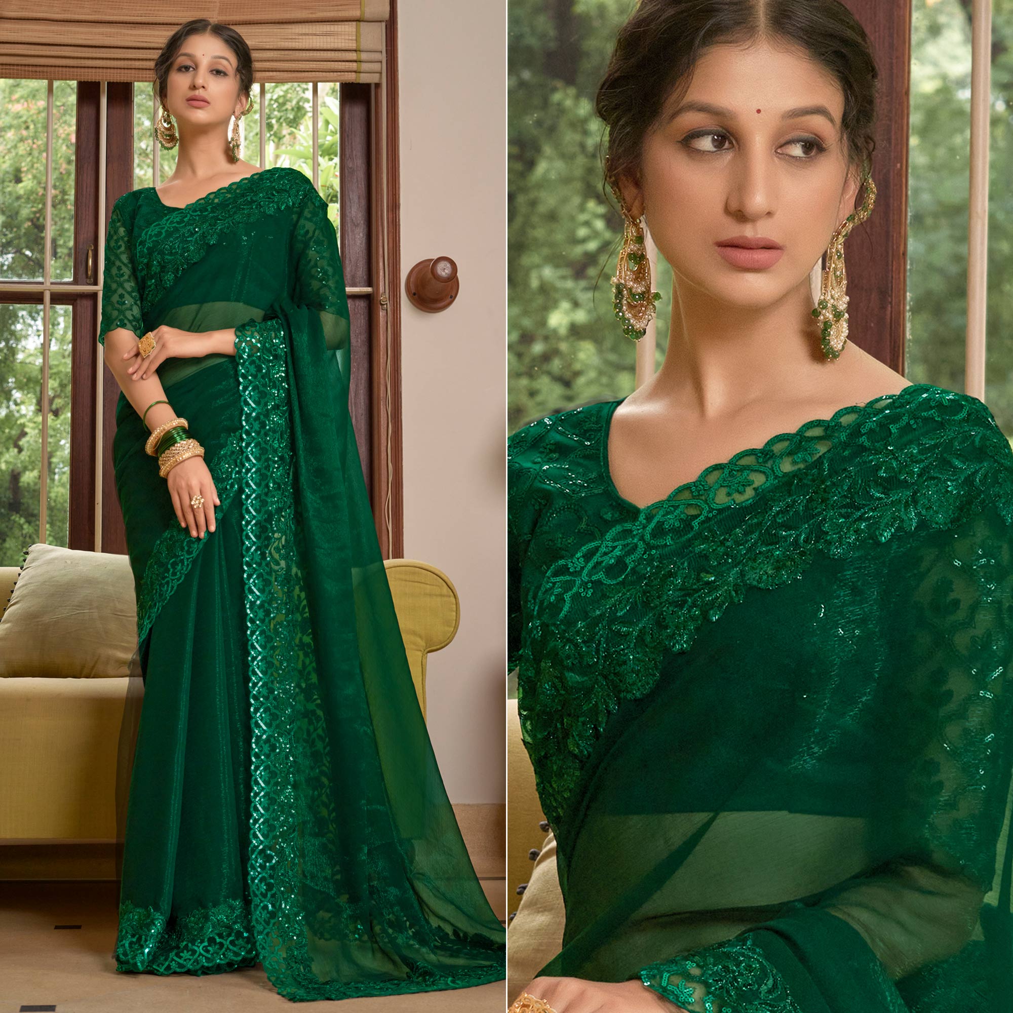 Bottle Green Sequins With Embroidered Chiffon Saree
