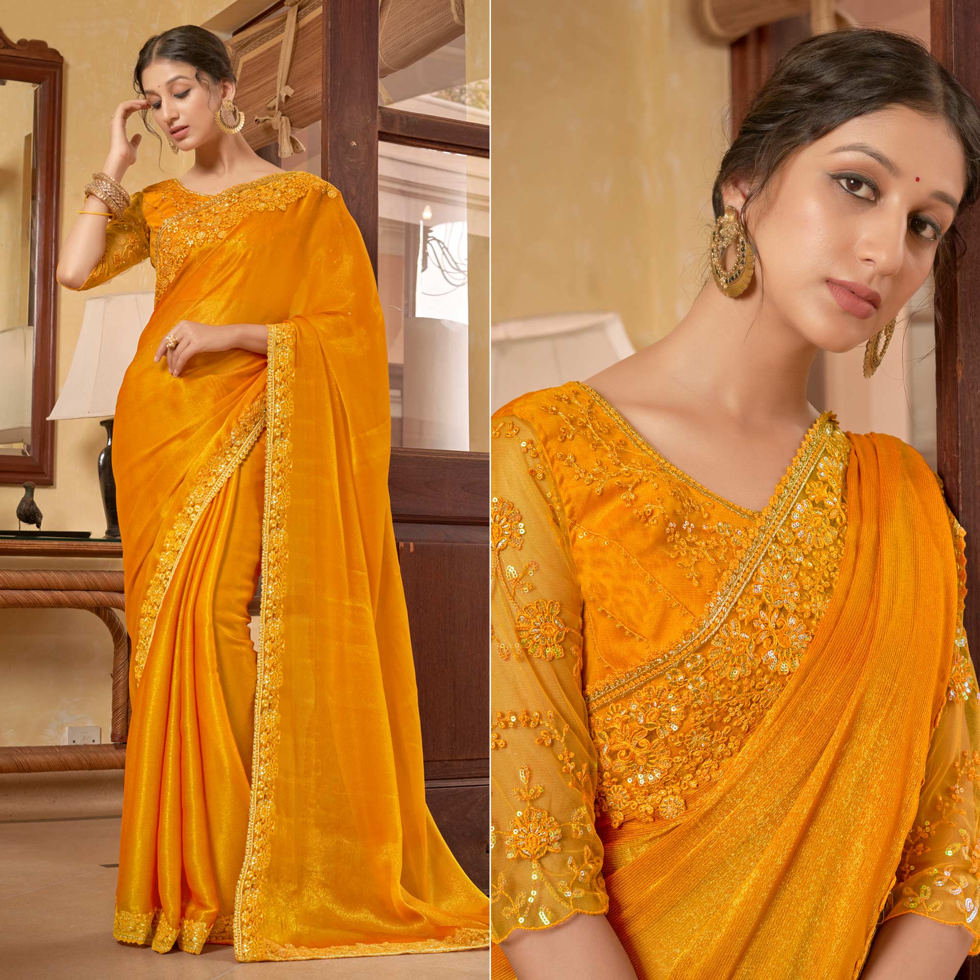 Yellow Sequins With Embroidered Chiffon Saree