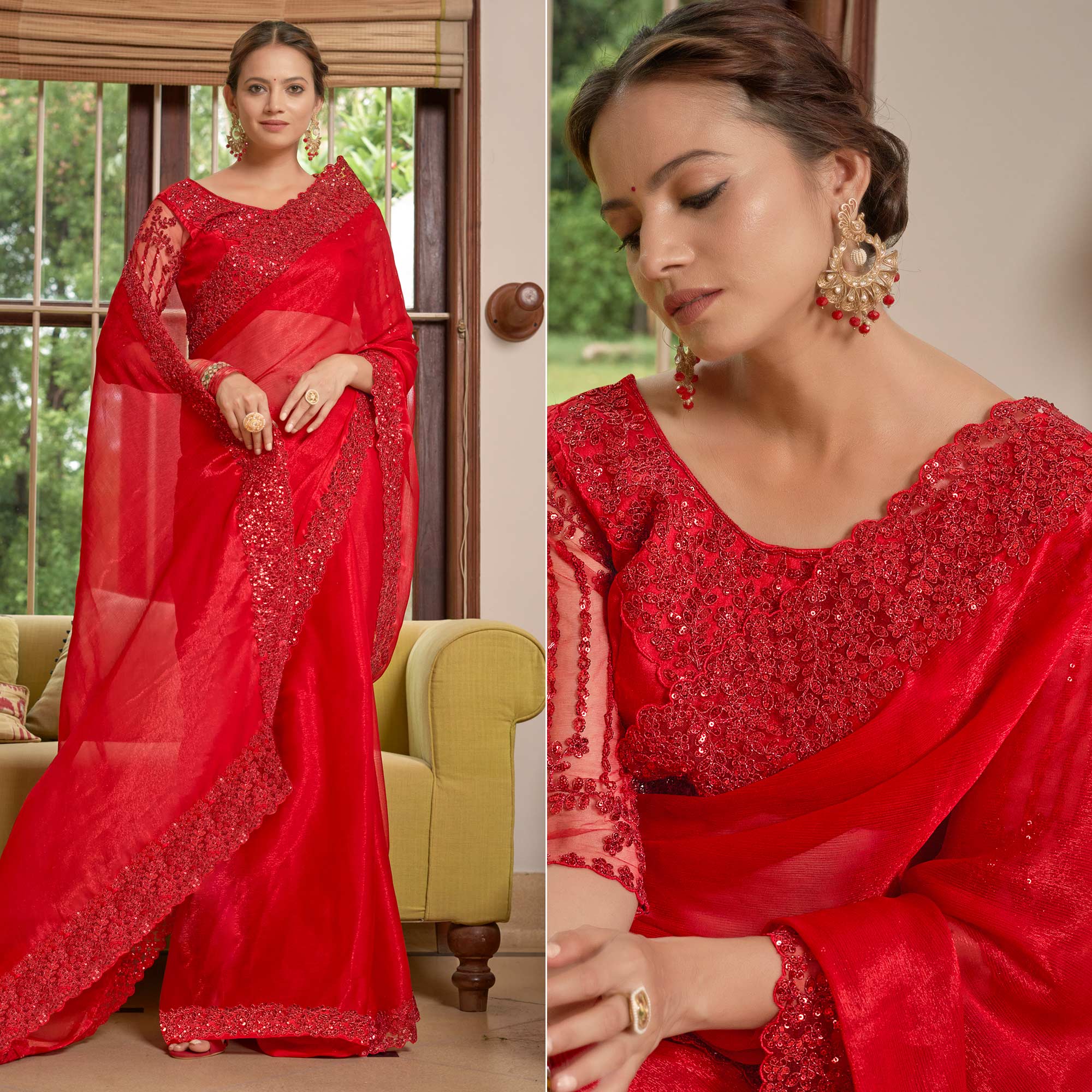 Red Sequins With Embroidered Chiffon Saree