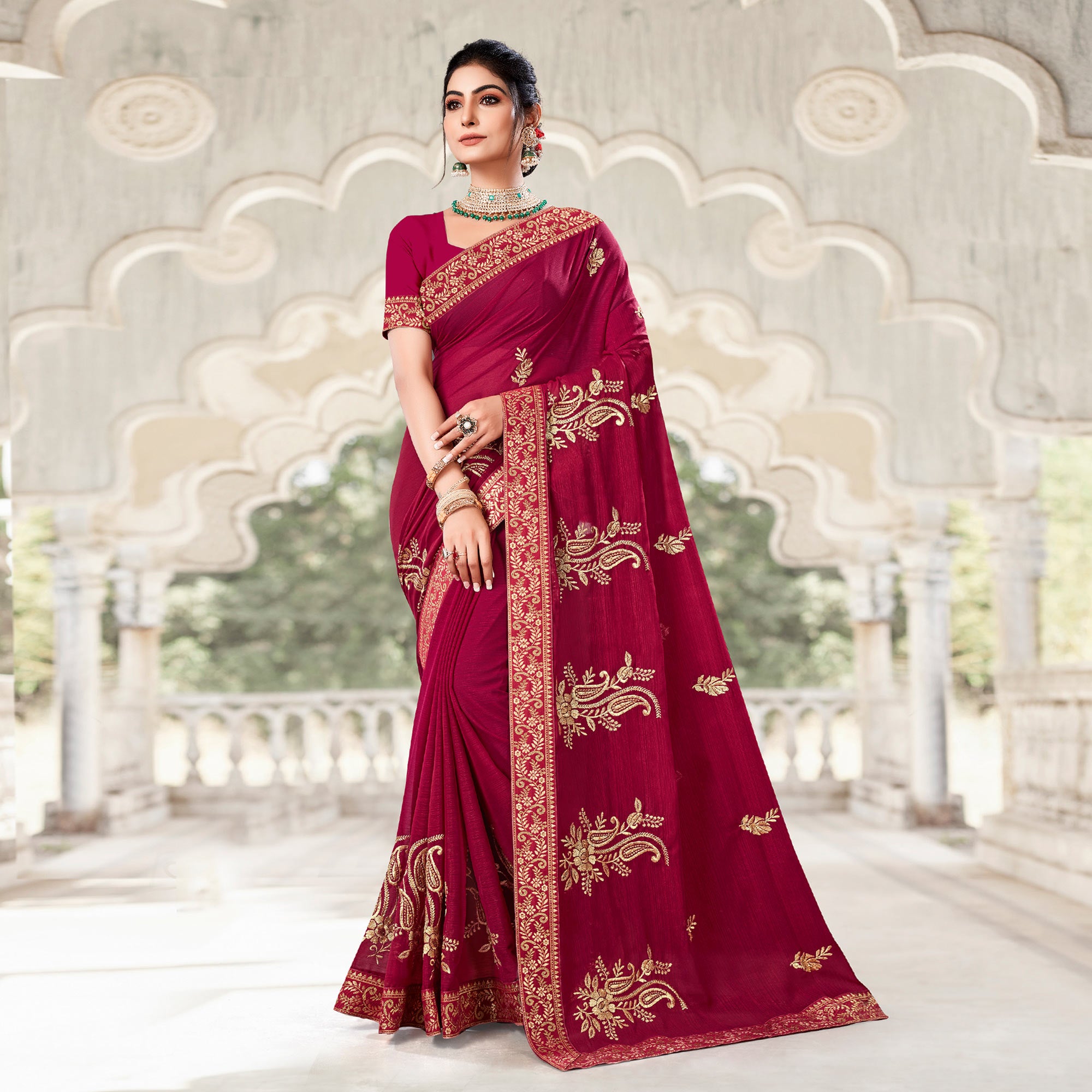 Maroon Floral Embroidered Georgette Saree