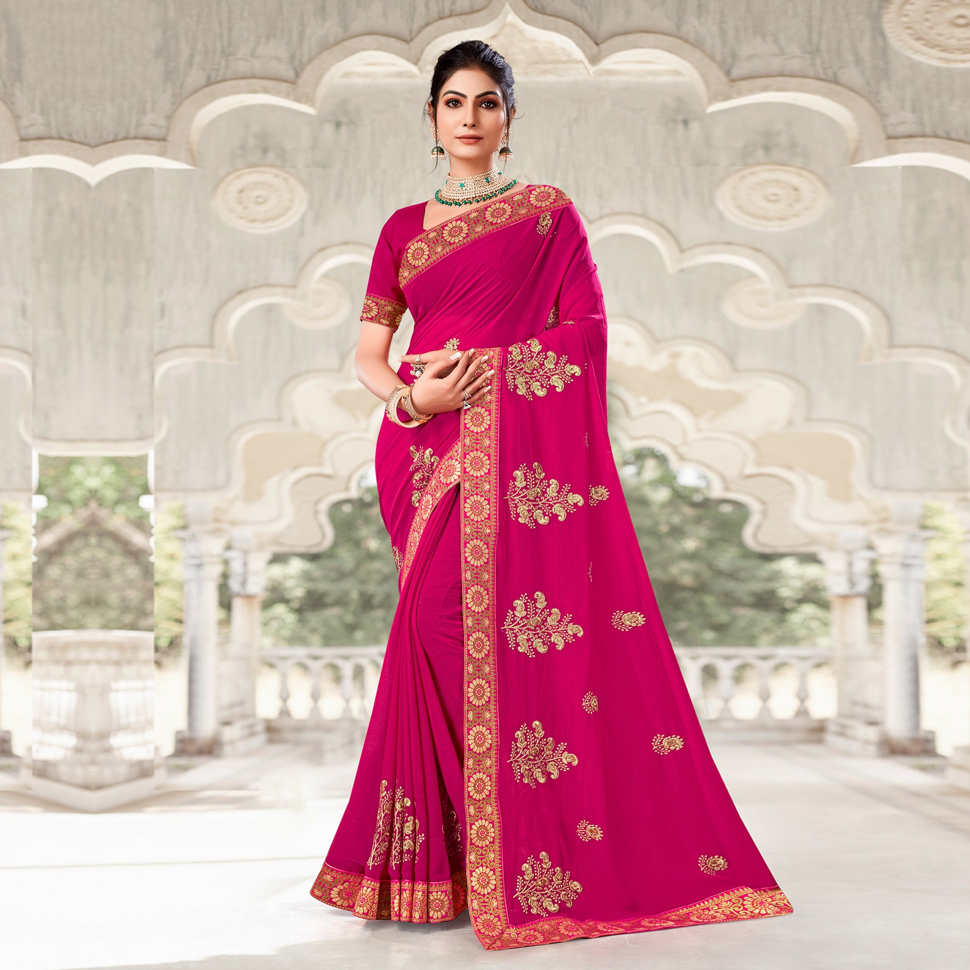 Rani Pink Floral Embroidered Georgette Saree