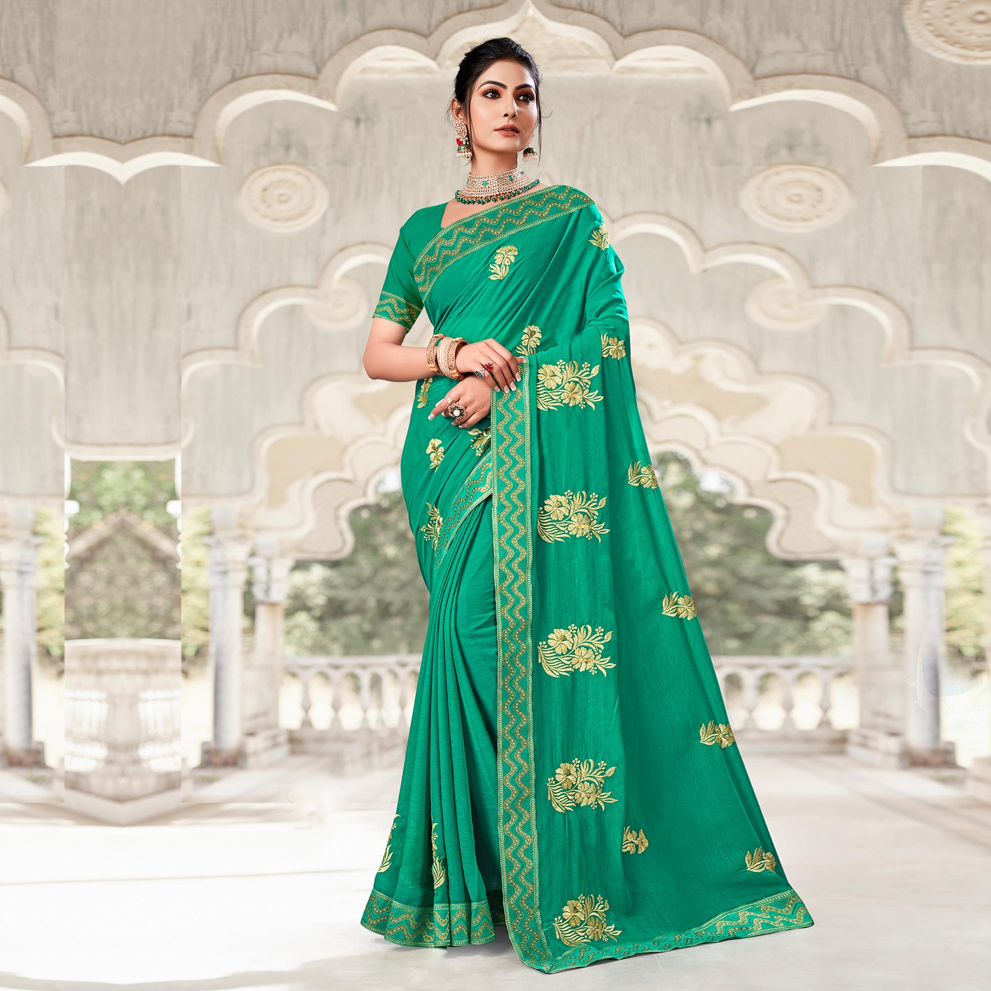 Sea Green Floral Embroidered Georgette Saree