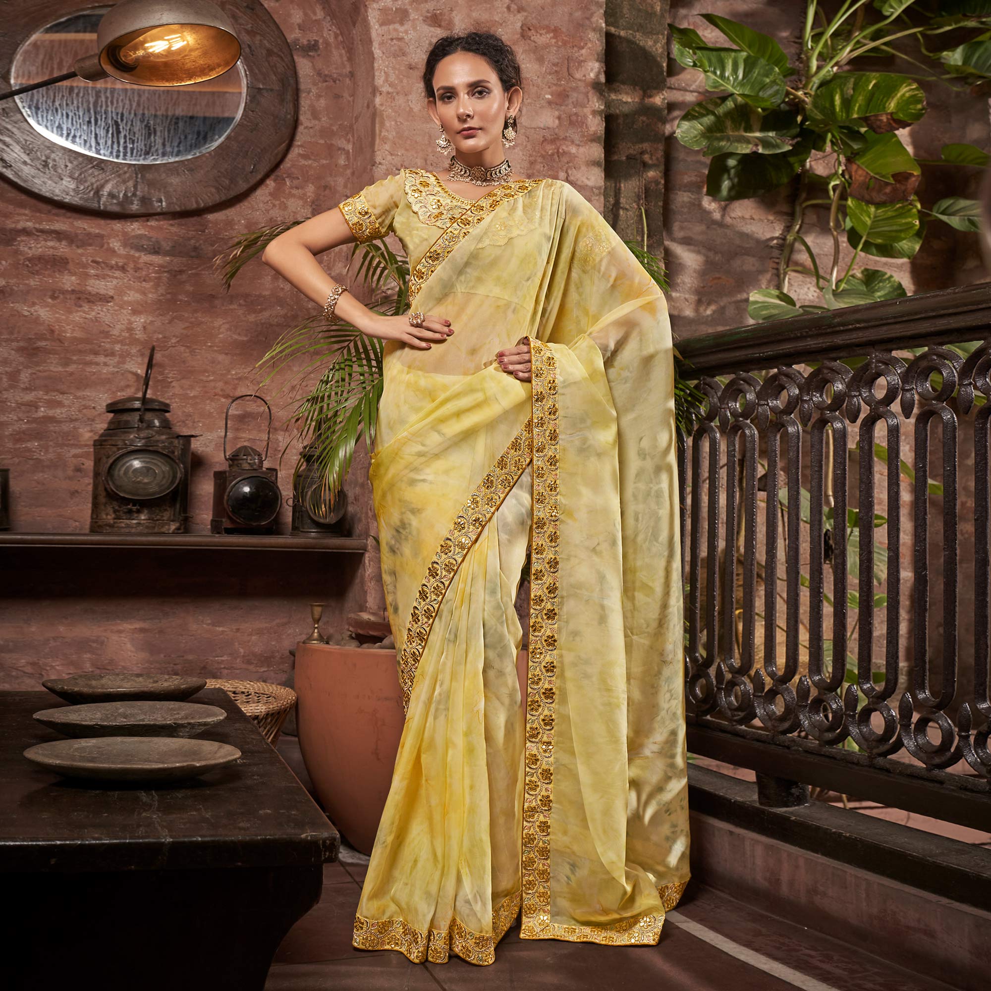 Yellow Abstract Printed With Embroidered Organza Saree