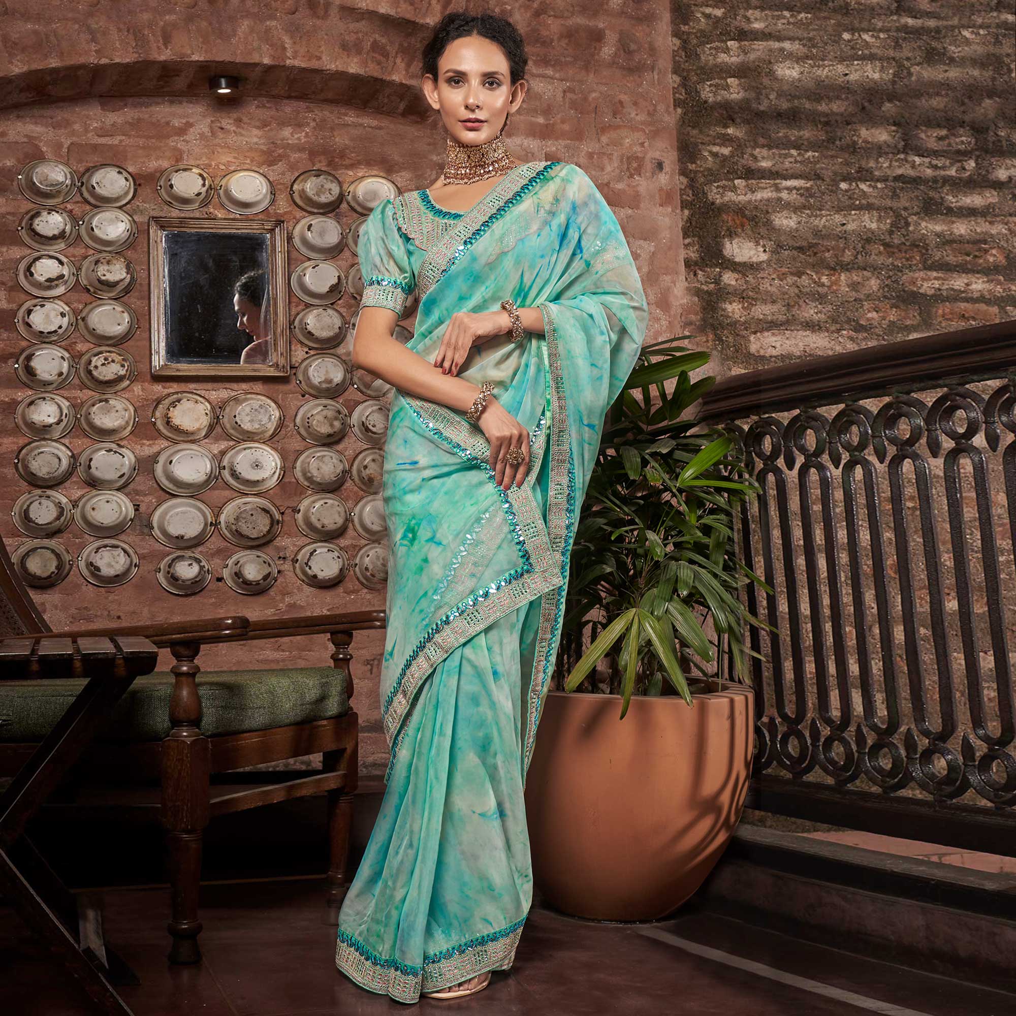 Turquoise Abstract Printed With Embroidered Organza Saree