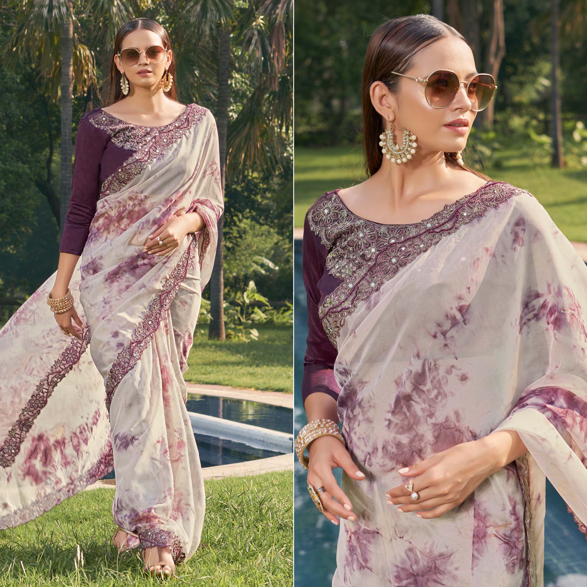 Wine Abstract Printed With Embroidered Organza Saree