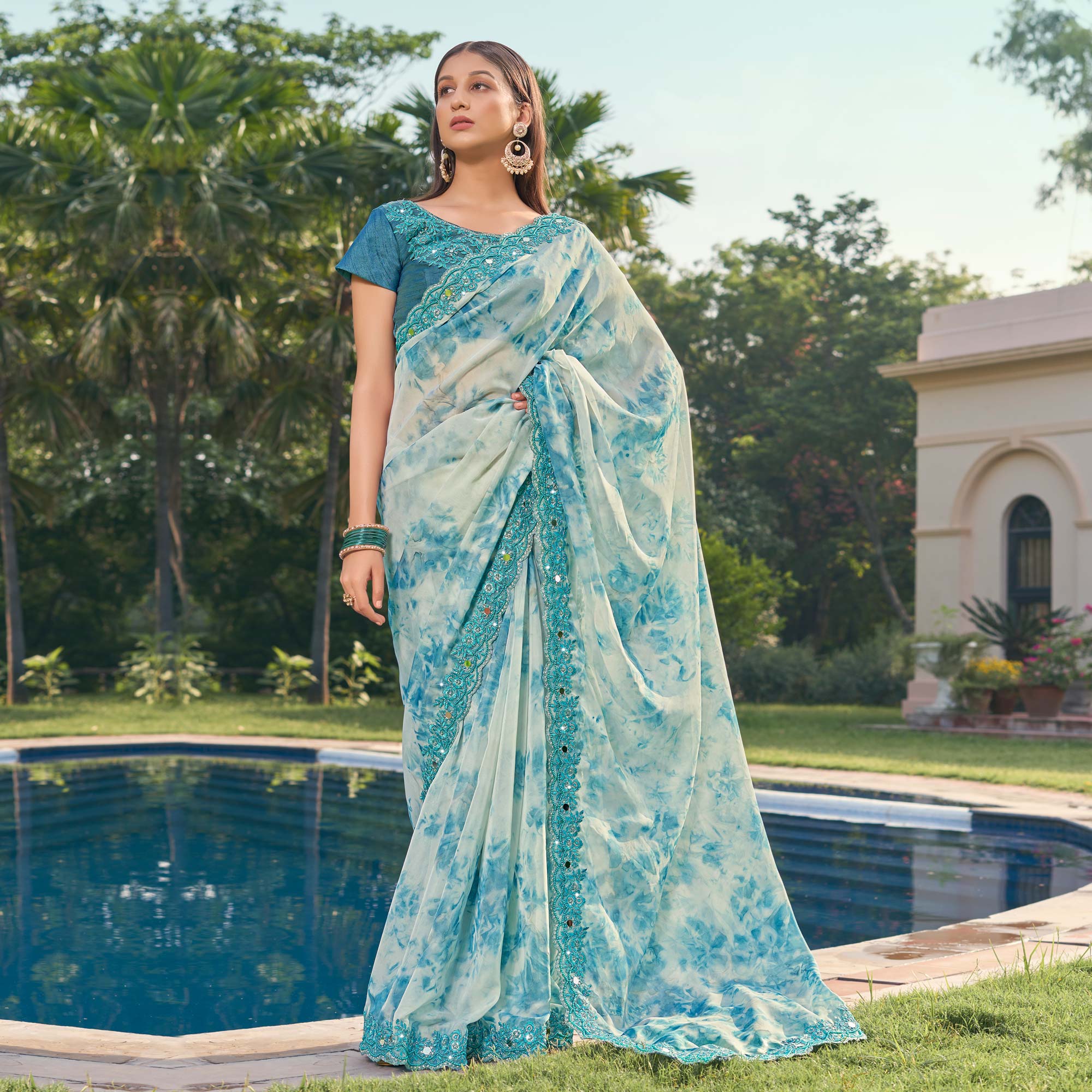 Blue Abstract Printed With Embroidered Organza Saree